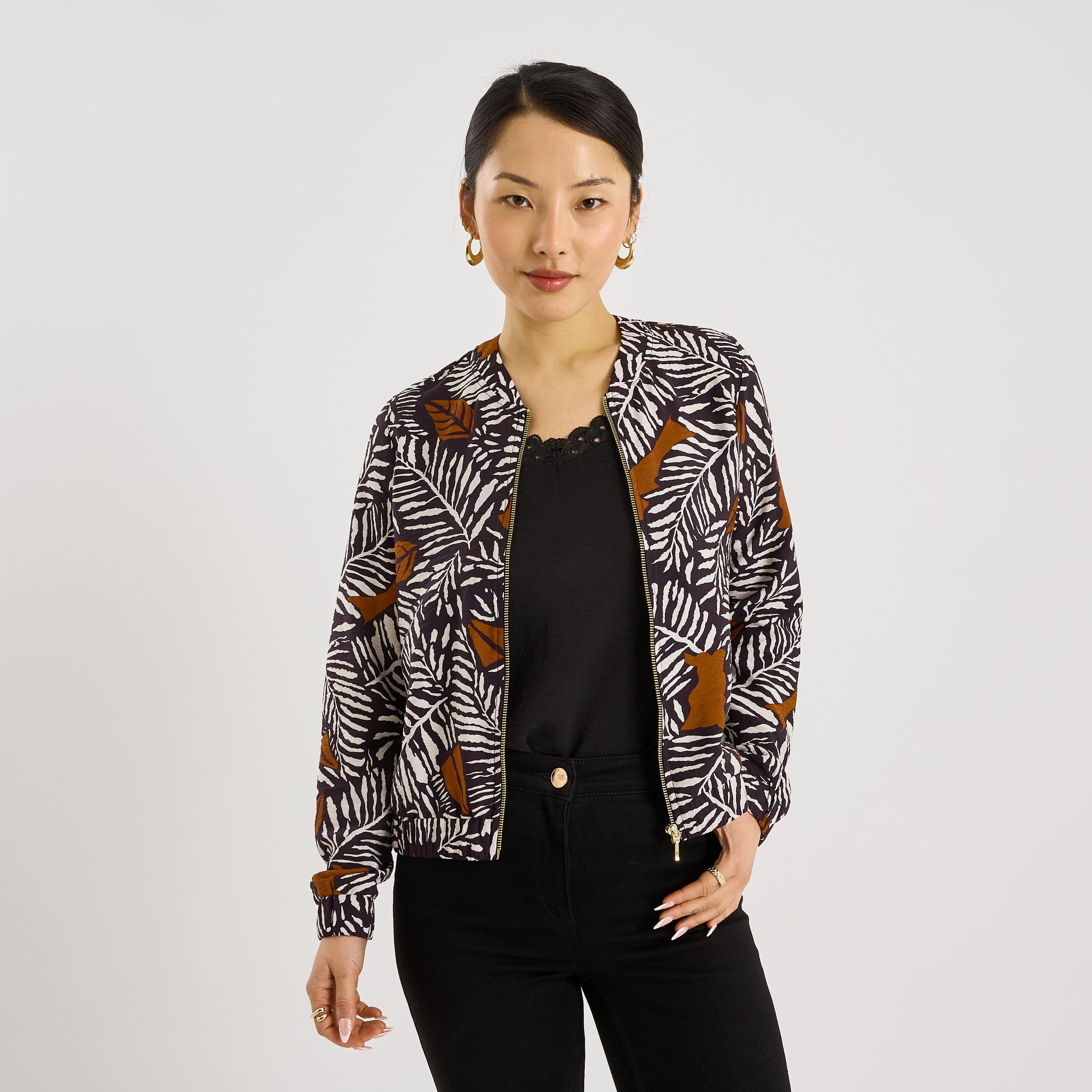 Veste bomber imprim&eacute; feuillage femme