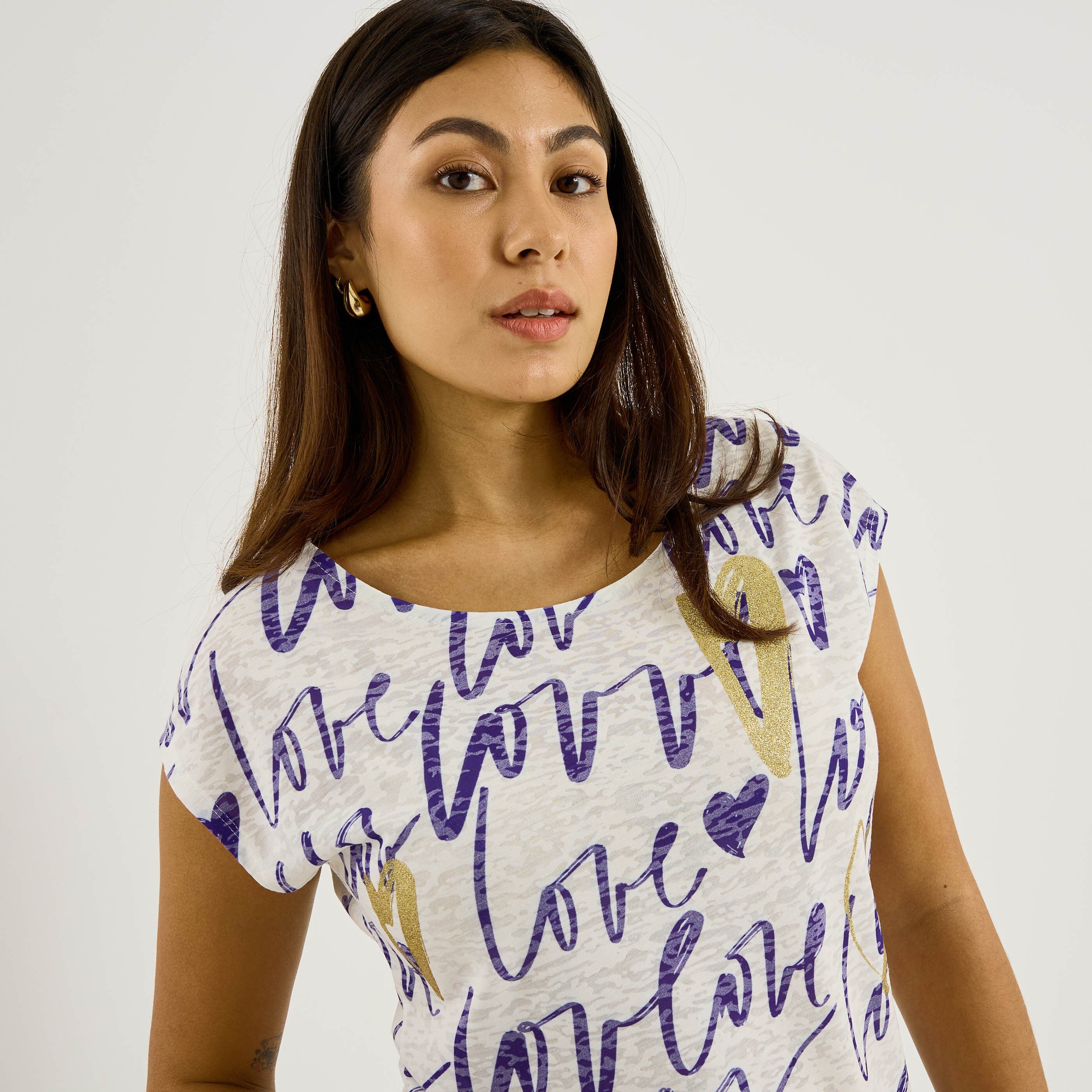 T-shirt col rond imprim&eacute; c&oelig;ur femme