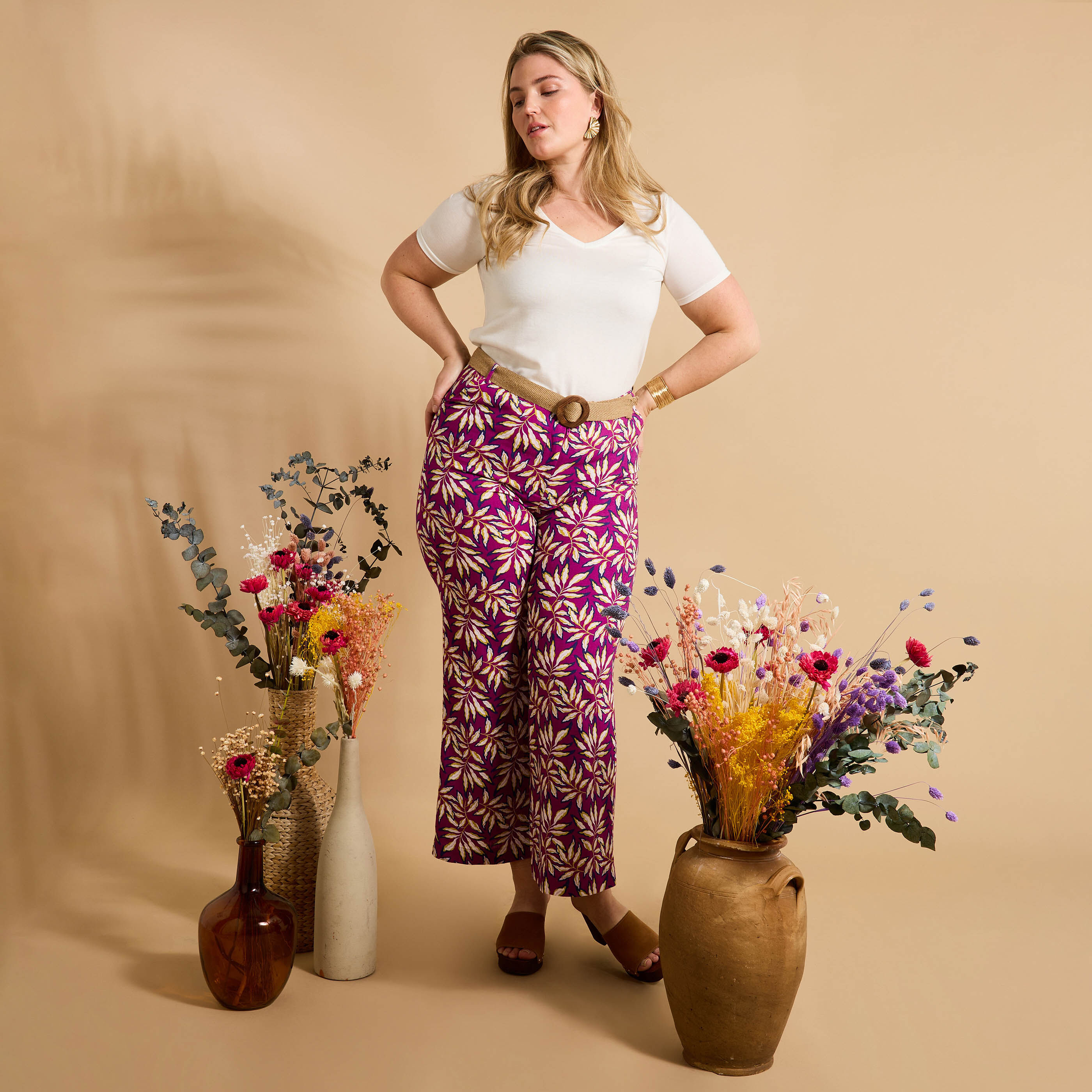 Pantalon imprim&eacute; feuillage femme