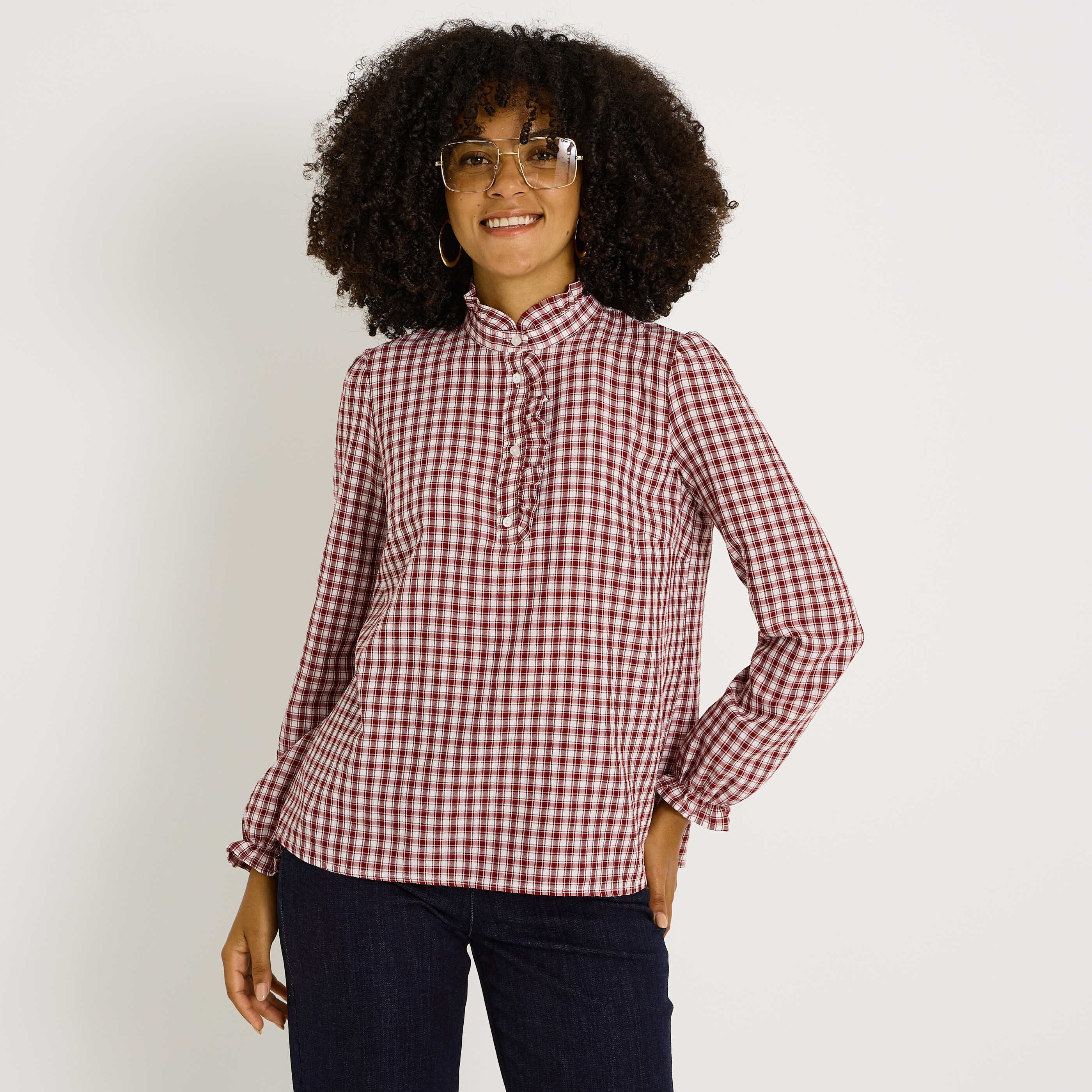 Blouse vichy &agrave; col montant femme