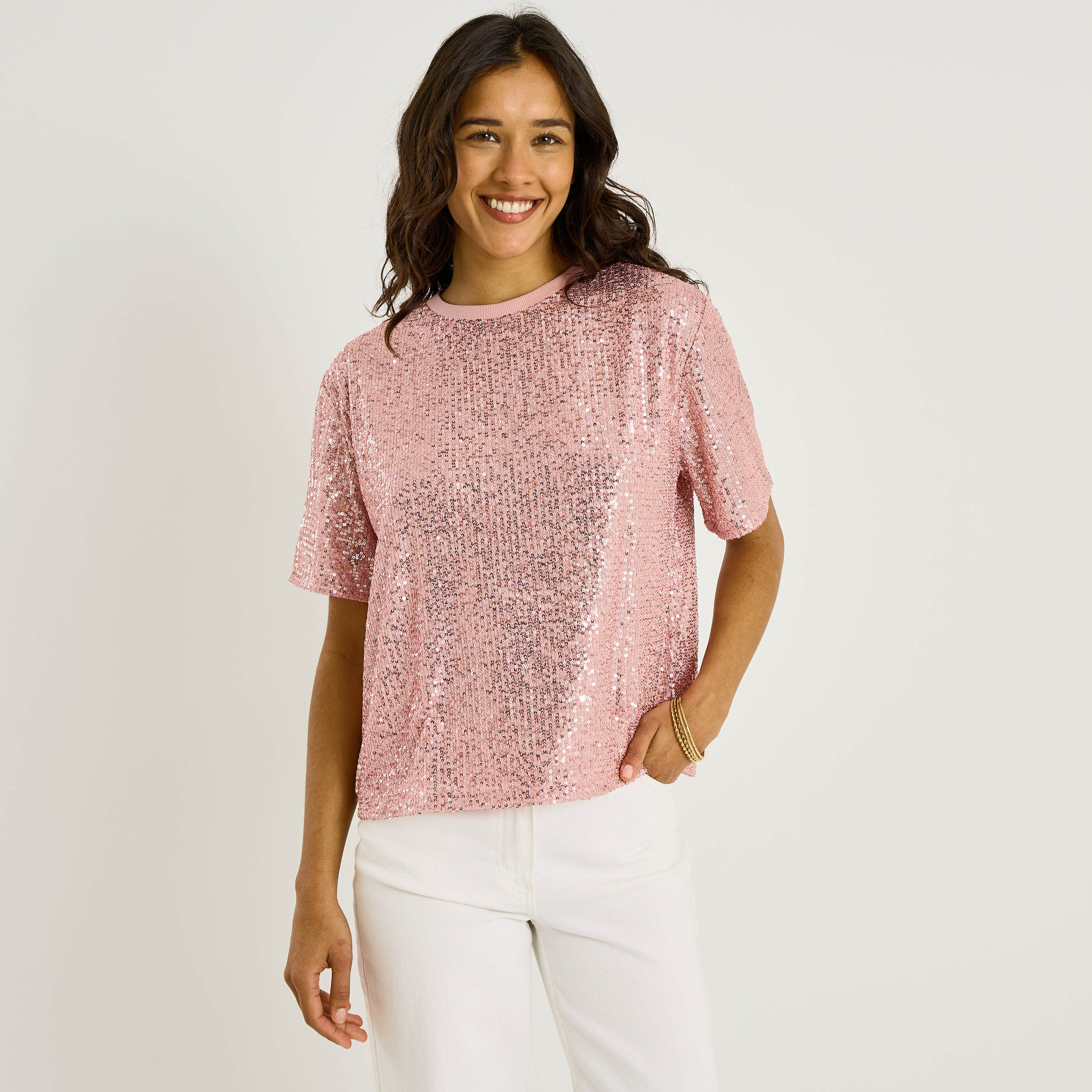 T-shirt col rond sequins femme