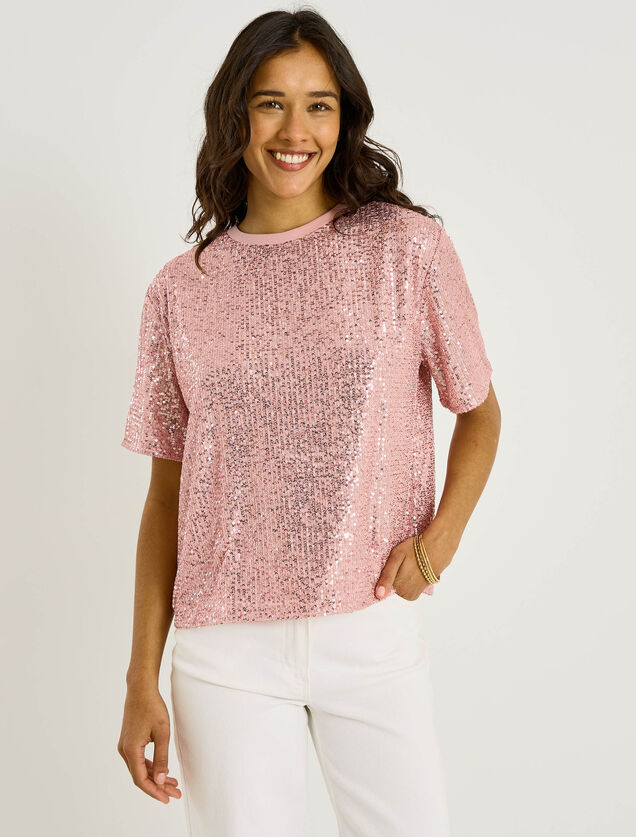 T-shirt col rond sequins femme
