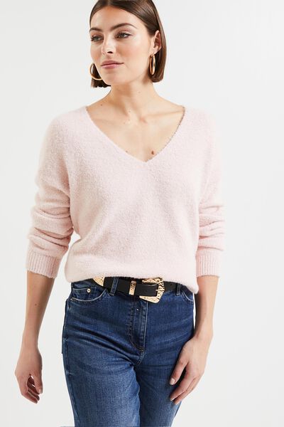 Pull fluffy col V femme