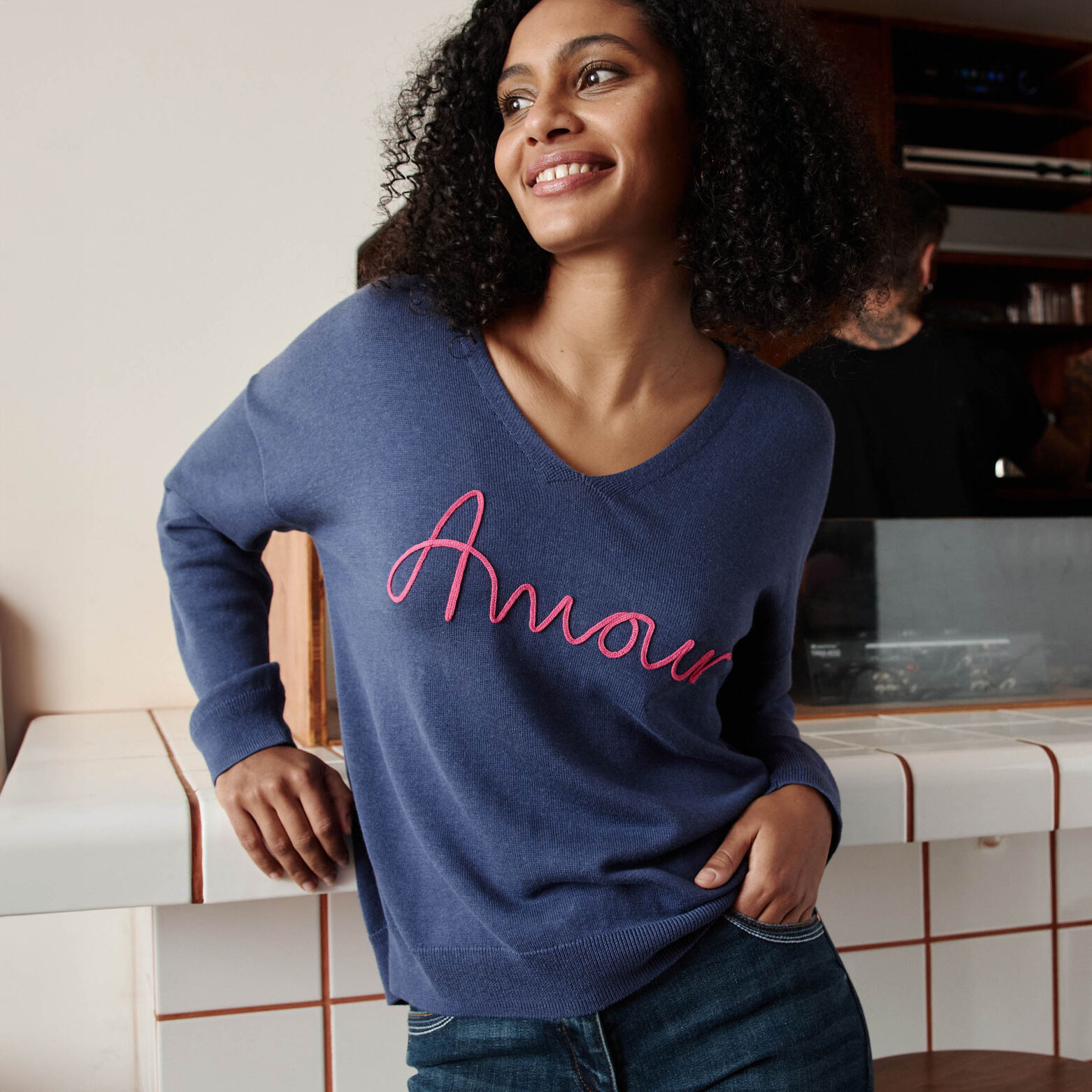 Pull col V femme