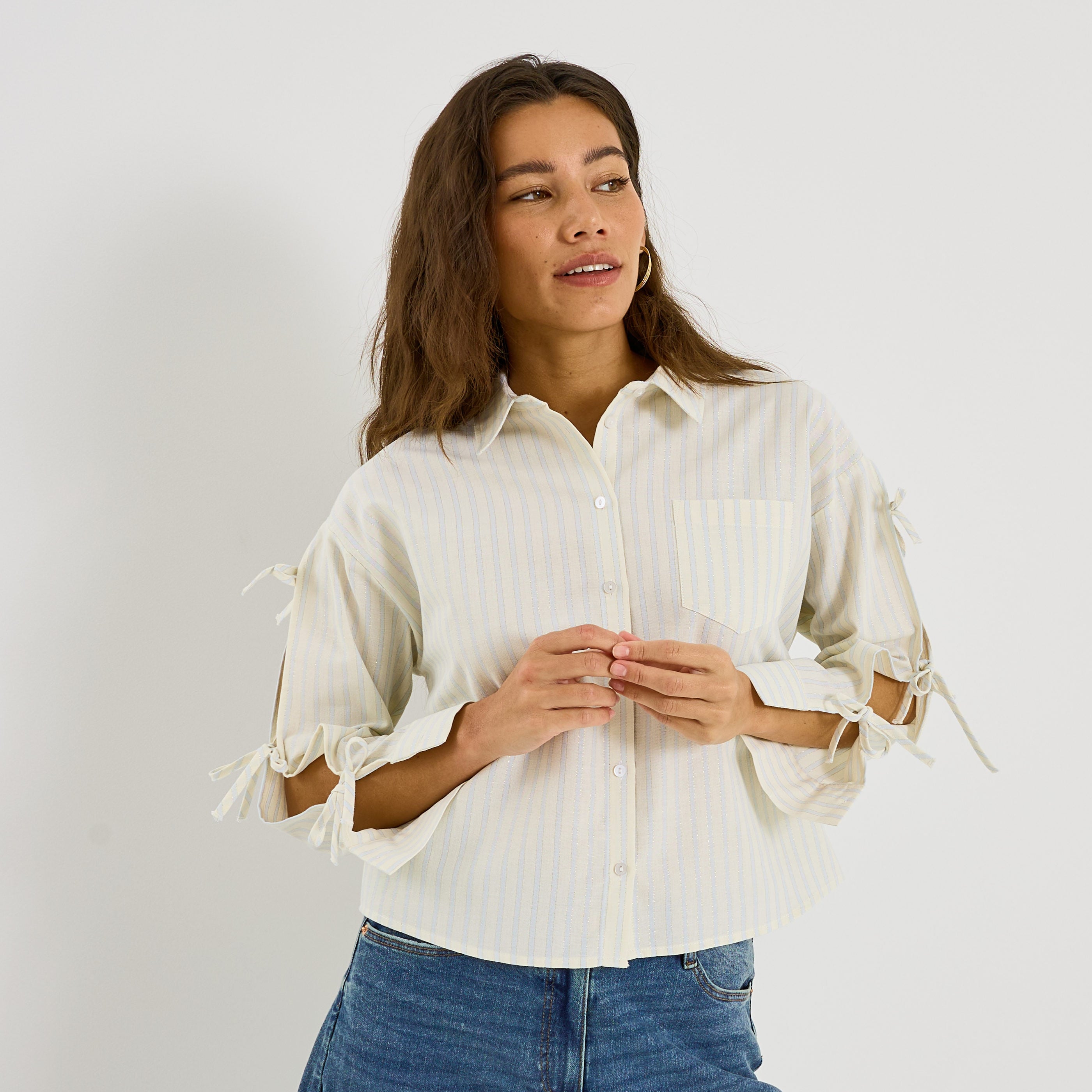 Chemise ray&eacute;e manches n&oelig;uds femme