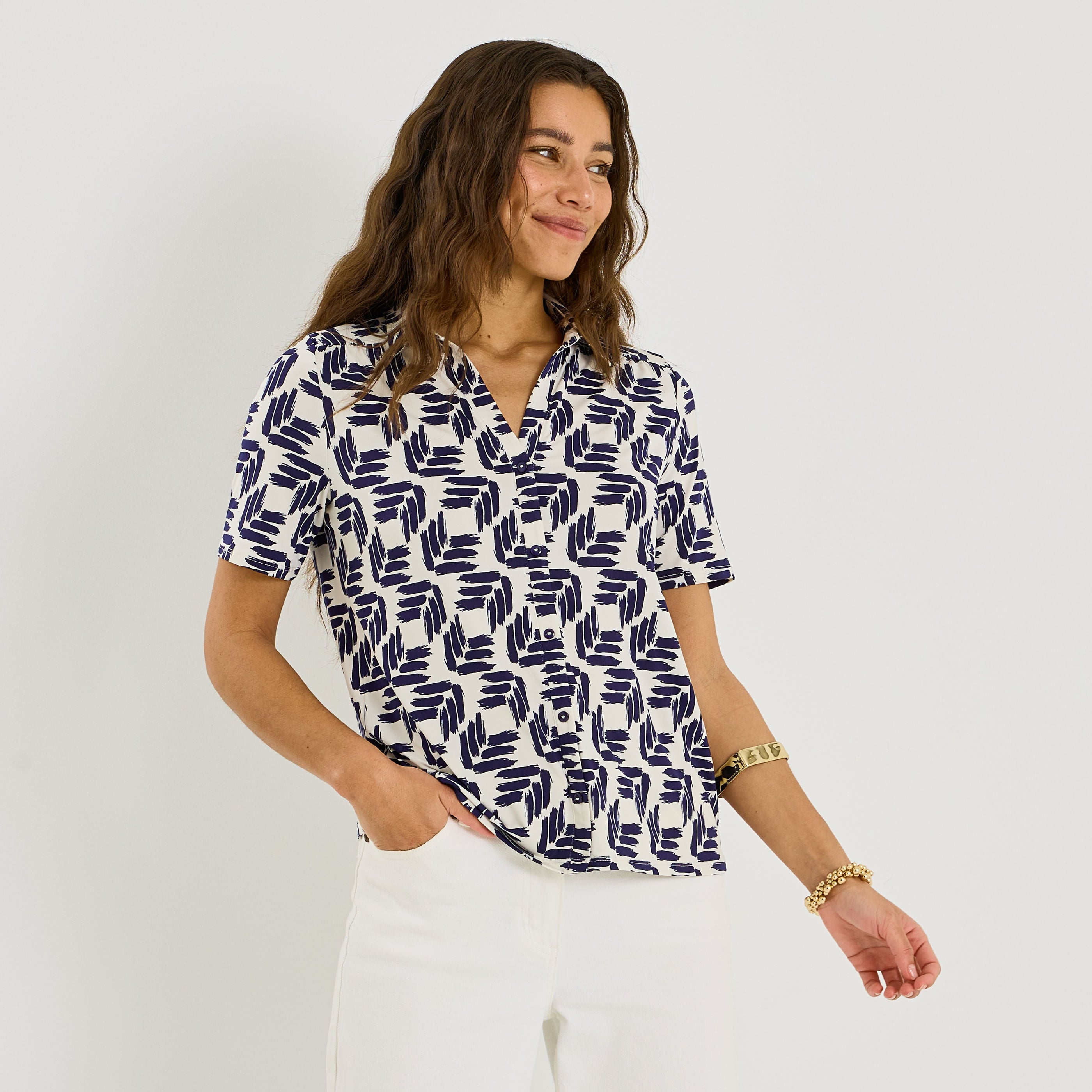 Chemise en maille imprim&eacute;e femme