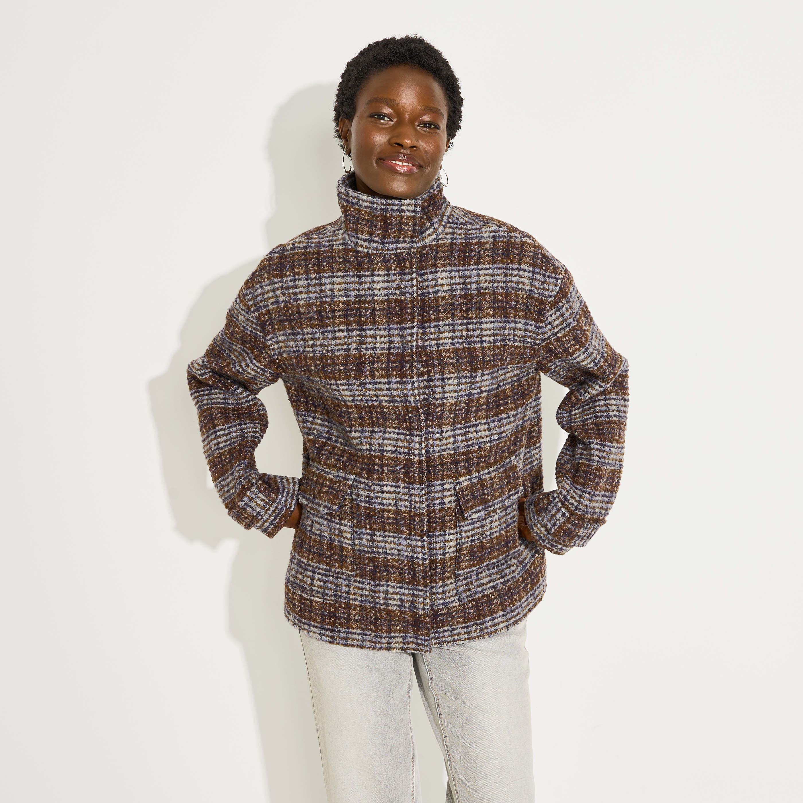 Manteau court &agrave; carreaux femme