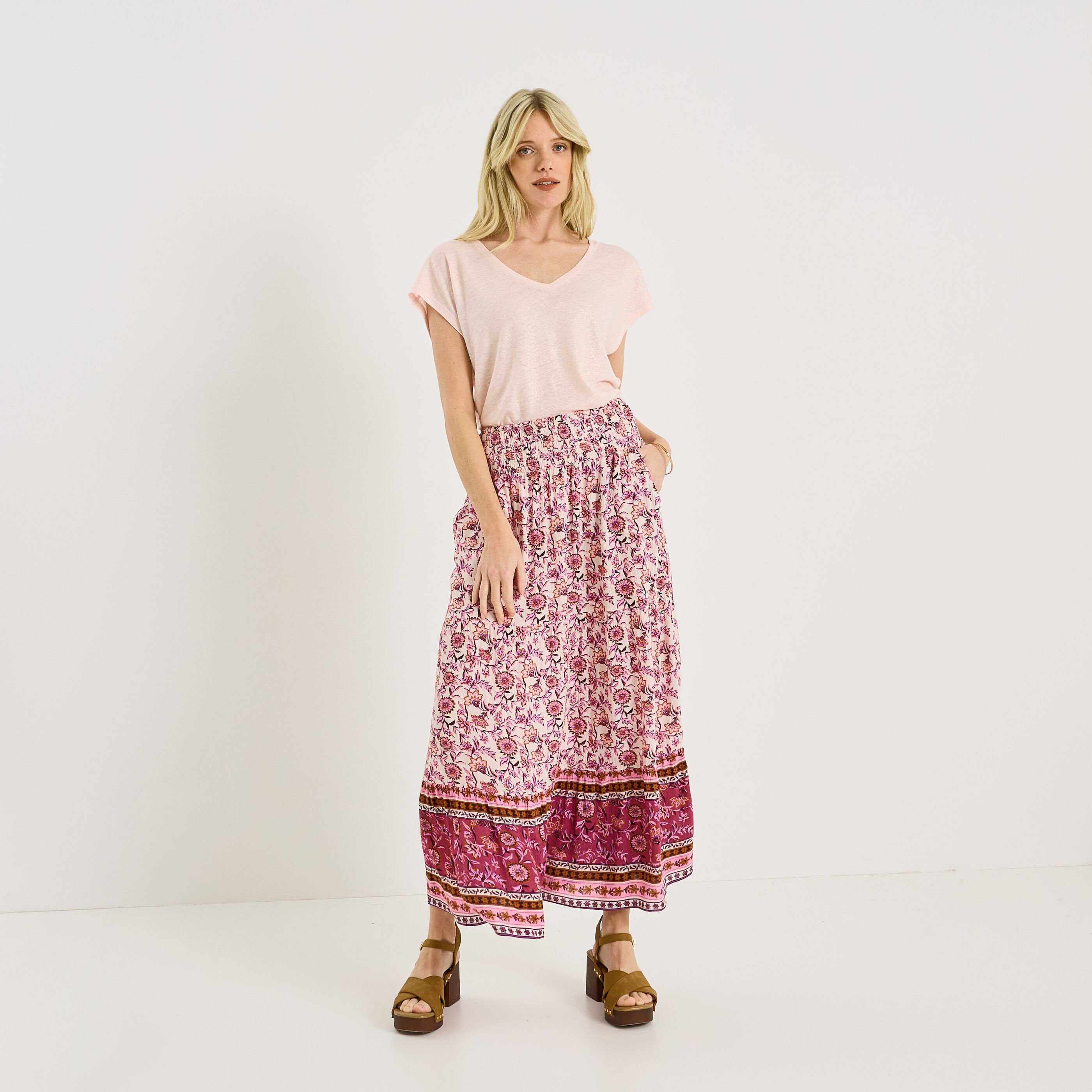 Jupe longue fluide imprim&eacute; floral