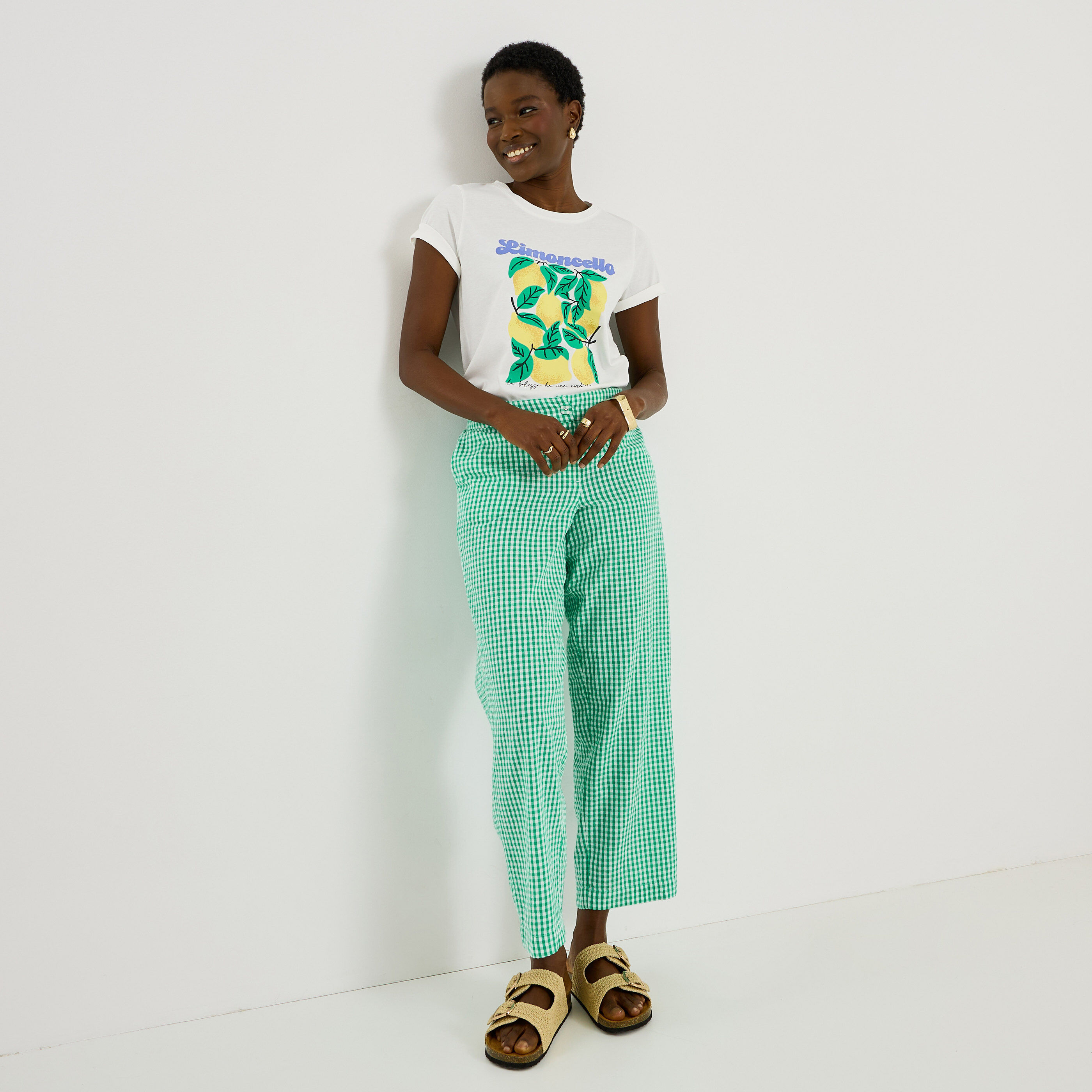 Pantalon seersucker imprim&eacute; vichy femme