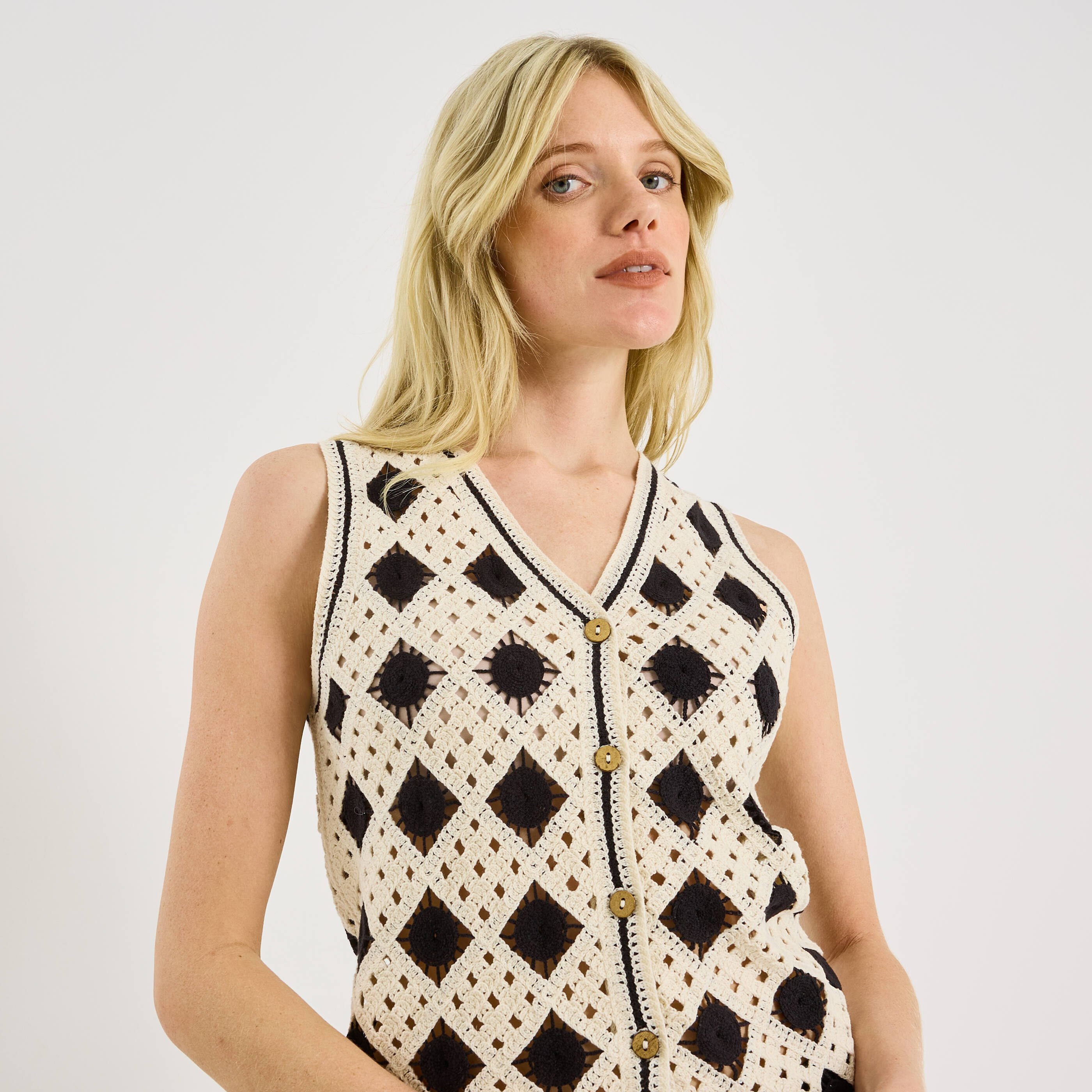 Gilet col V en crochet bicolore femme