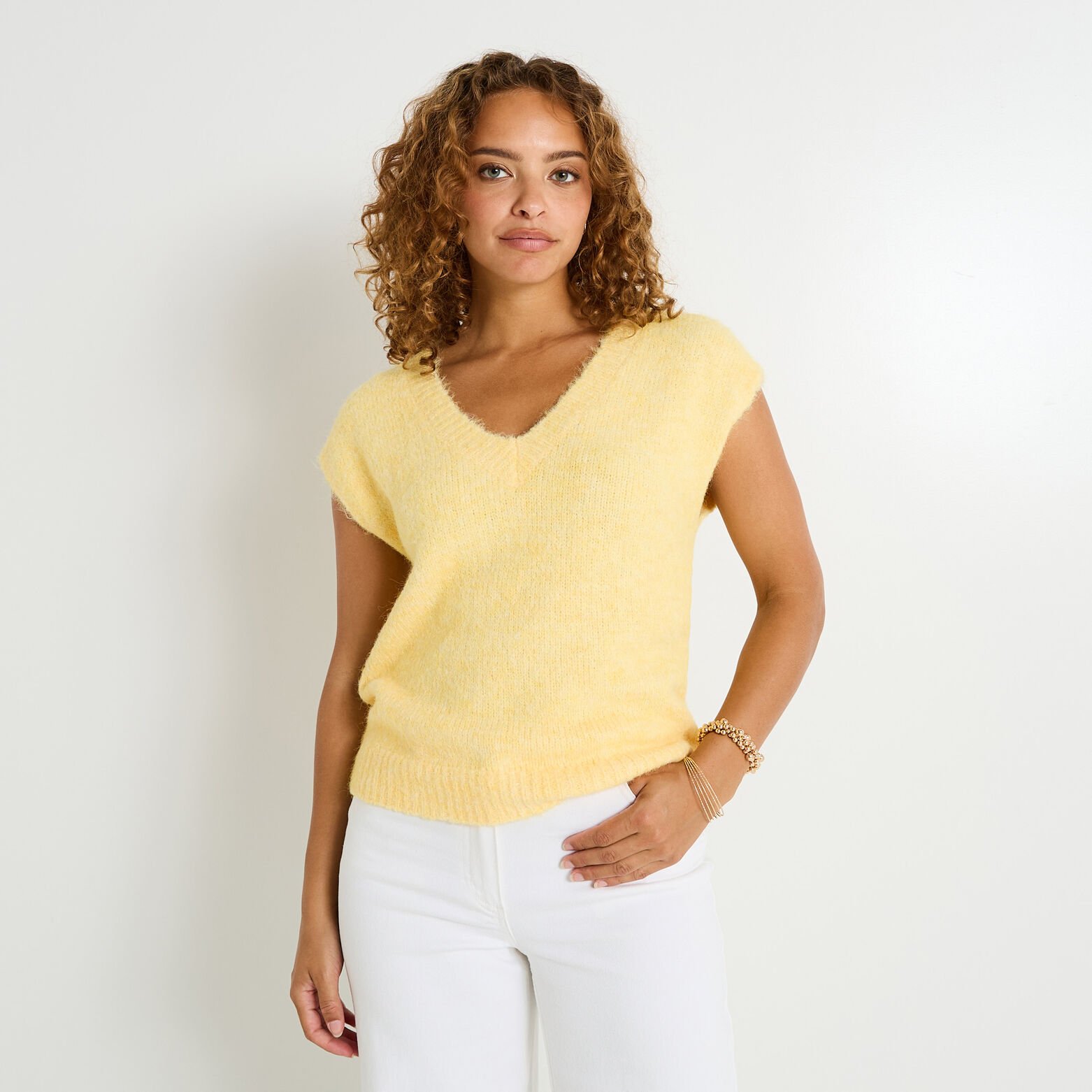 Pull sans manches col V femme