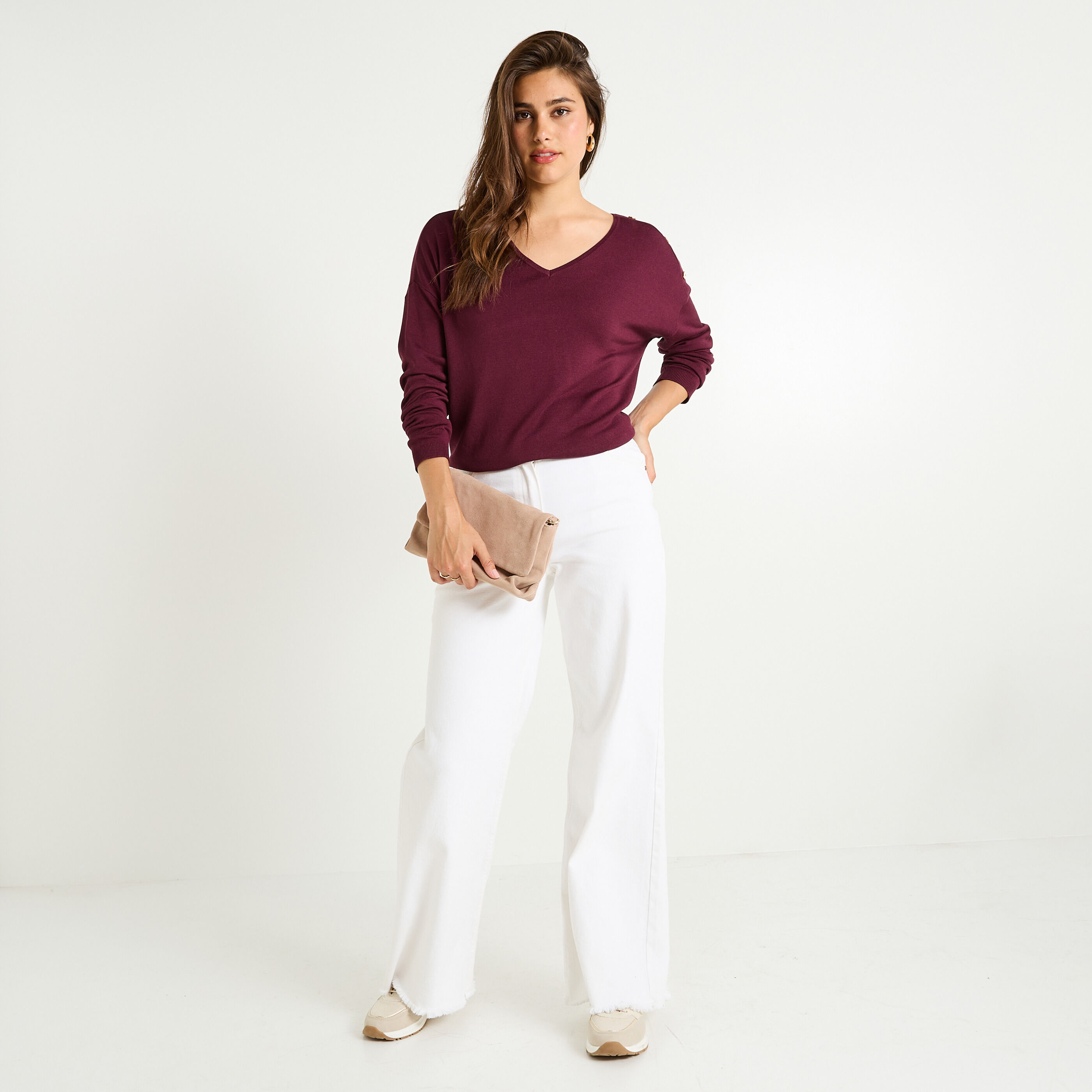 Pull uni &agrave; col V femme