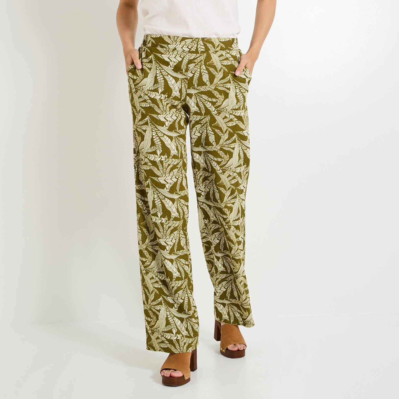 Pantalon imprimé mélange lin femme