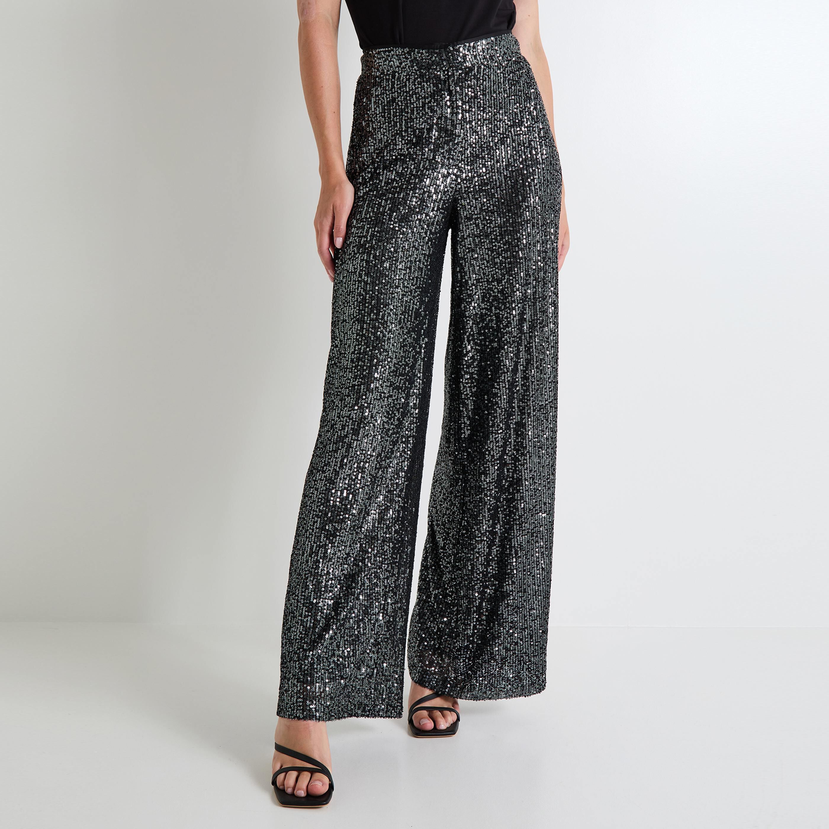 Pantalon large &agrave; sequins femme