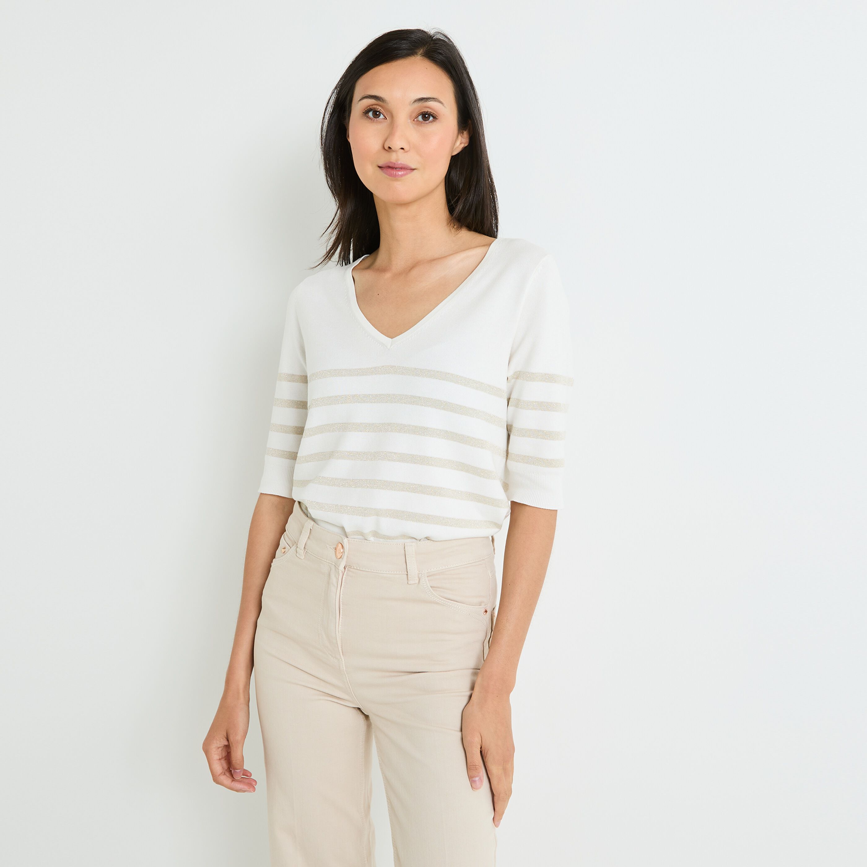 Pull &agrave; rayures col V femme
