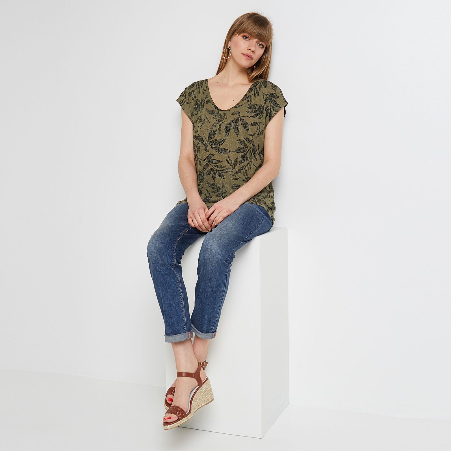 Tshirt imprimé en lin mélangé femme