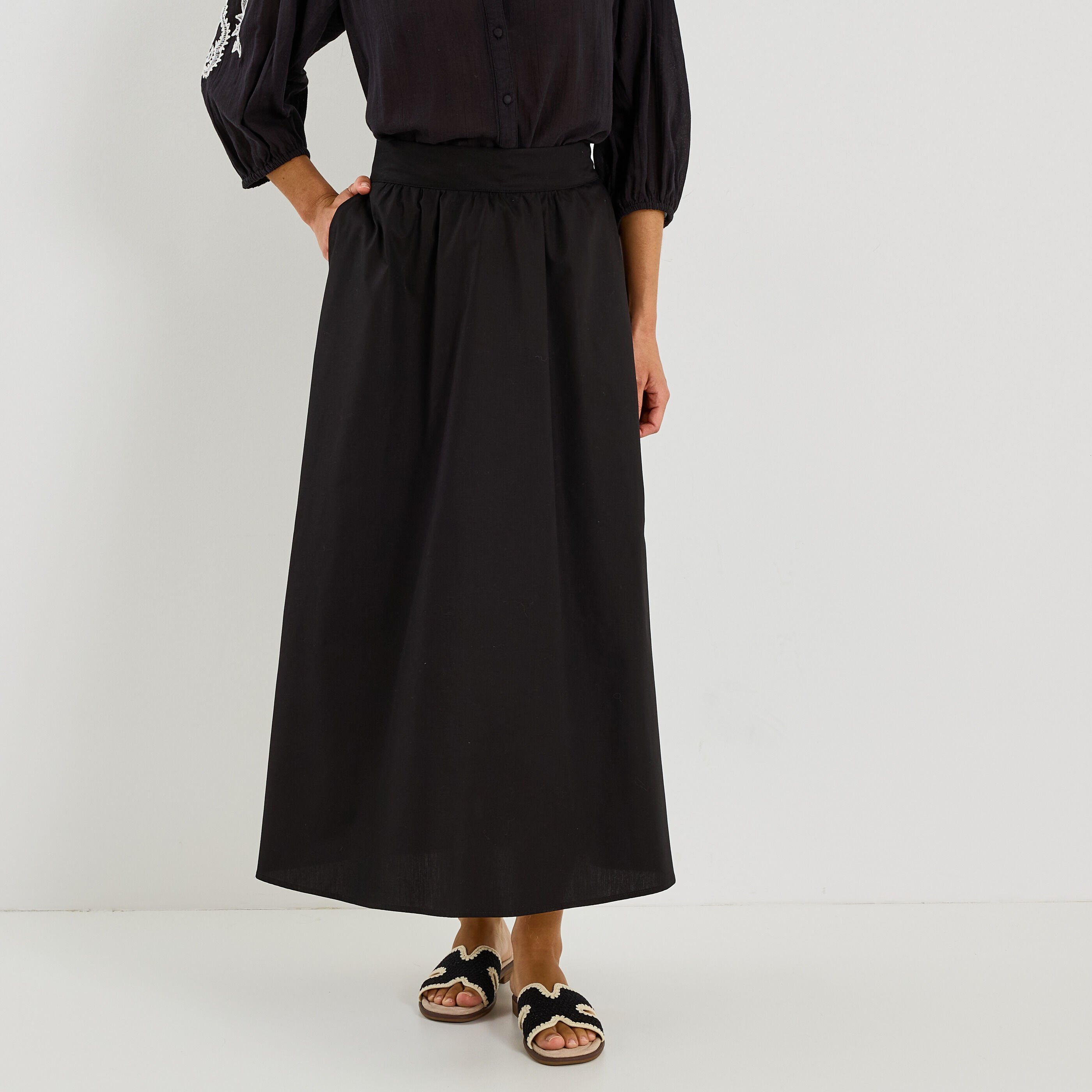 Jupe longue &eacute;vas&eacute;e en popeline 