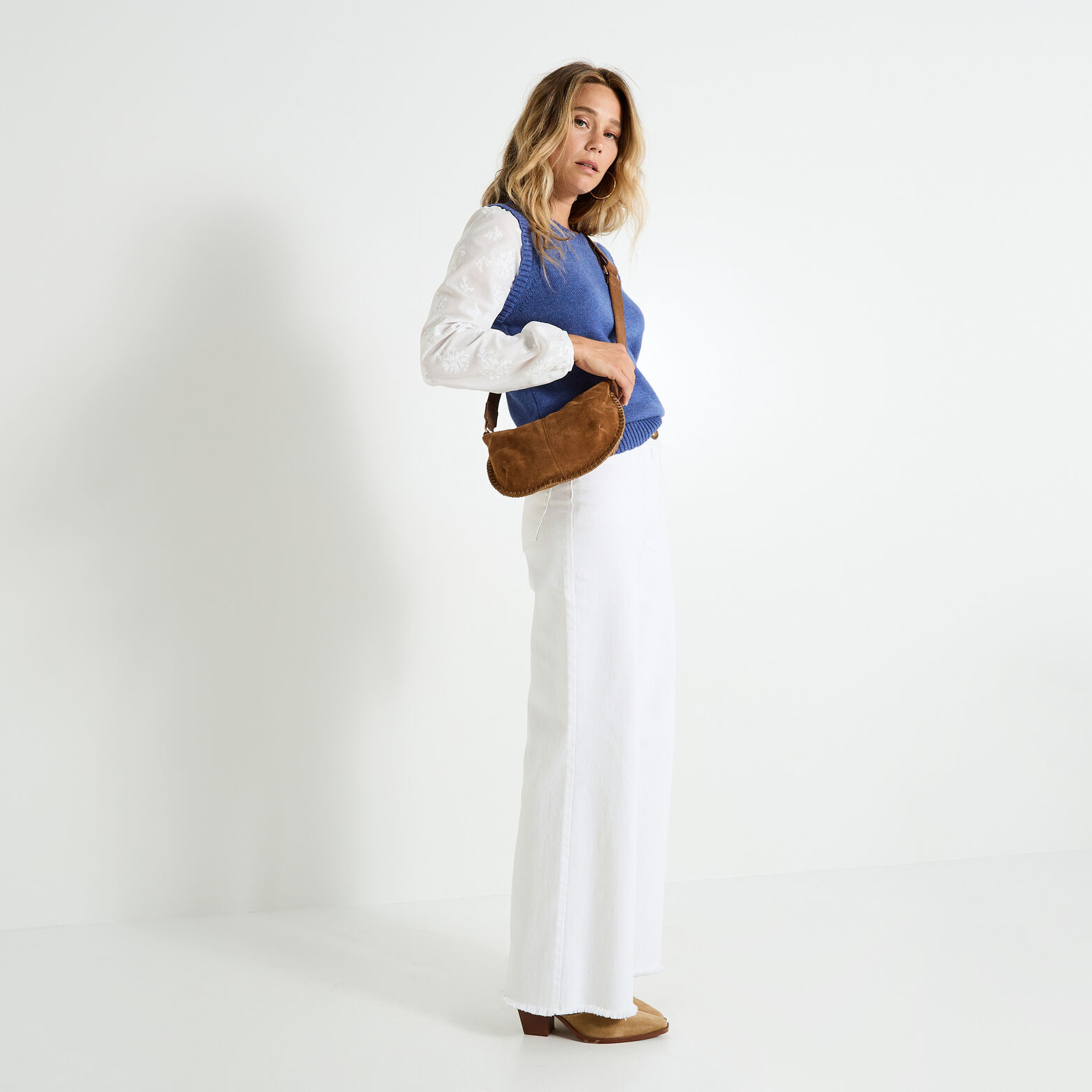 Pull bi matière col rond femme