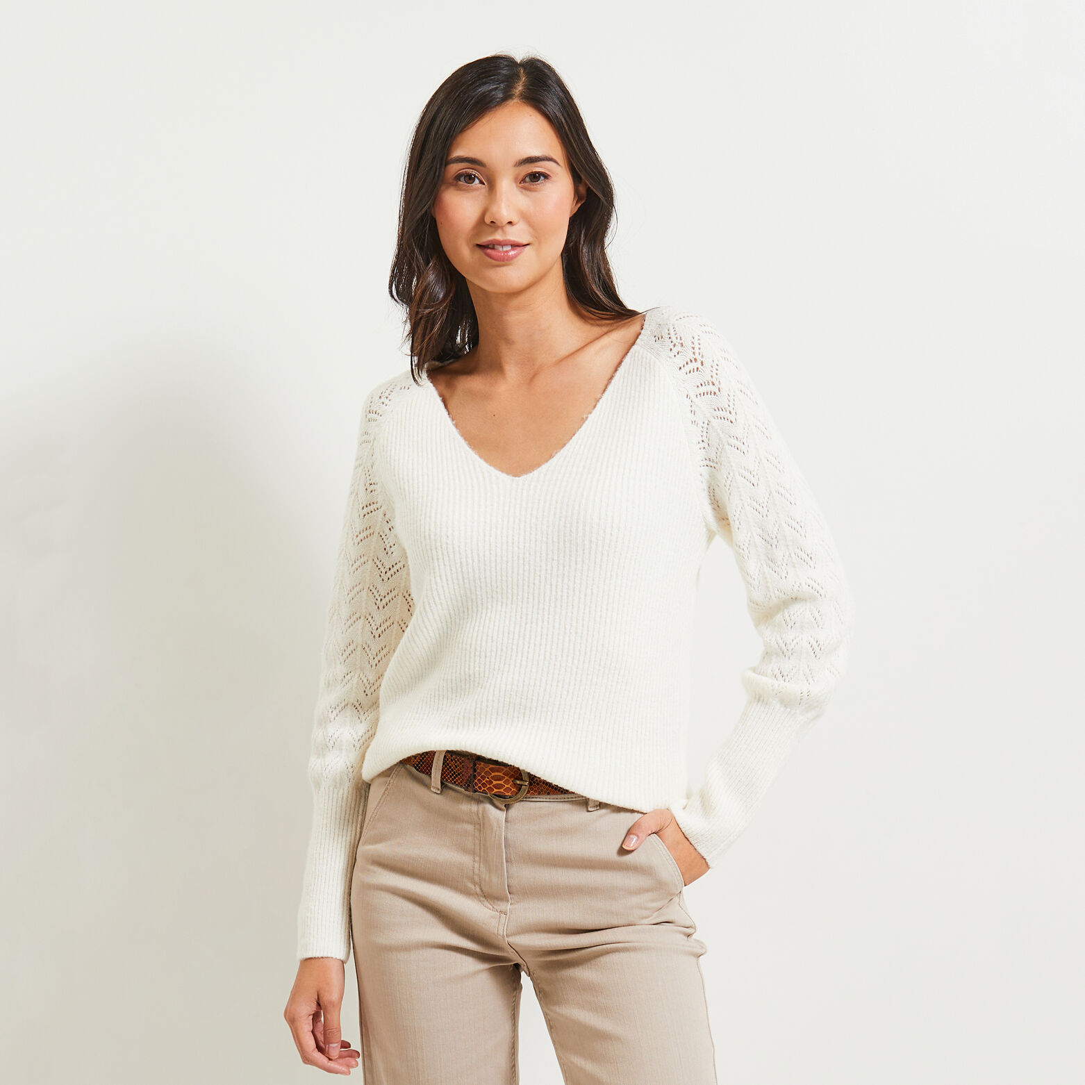Pull col V femme