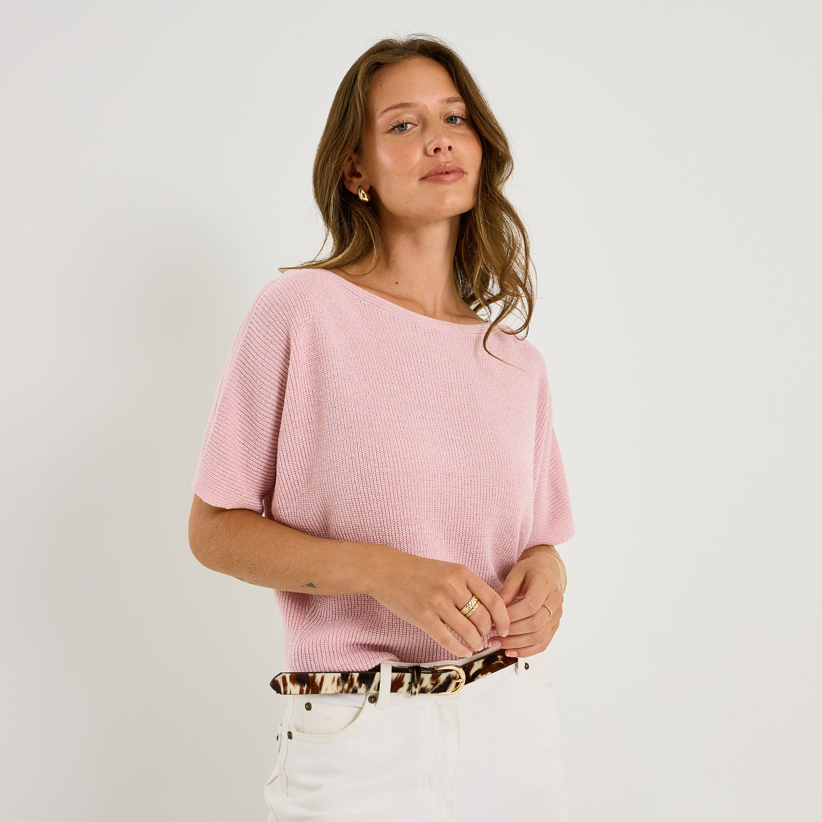 Pull manches courtes brillant femme