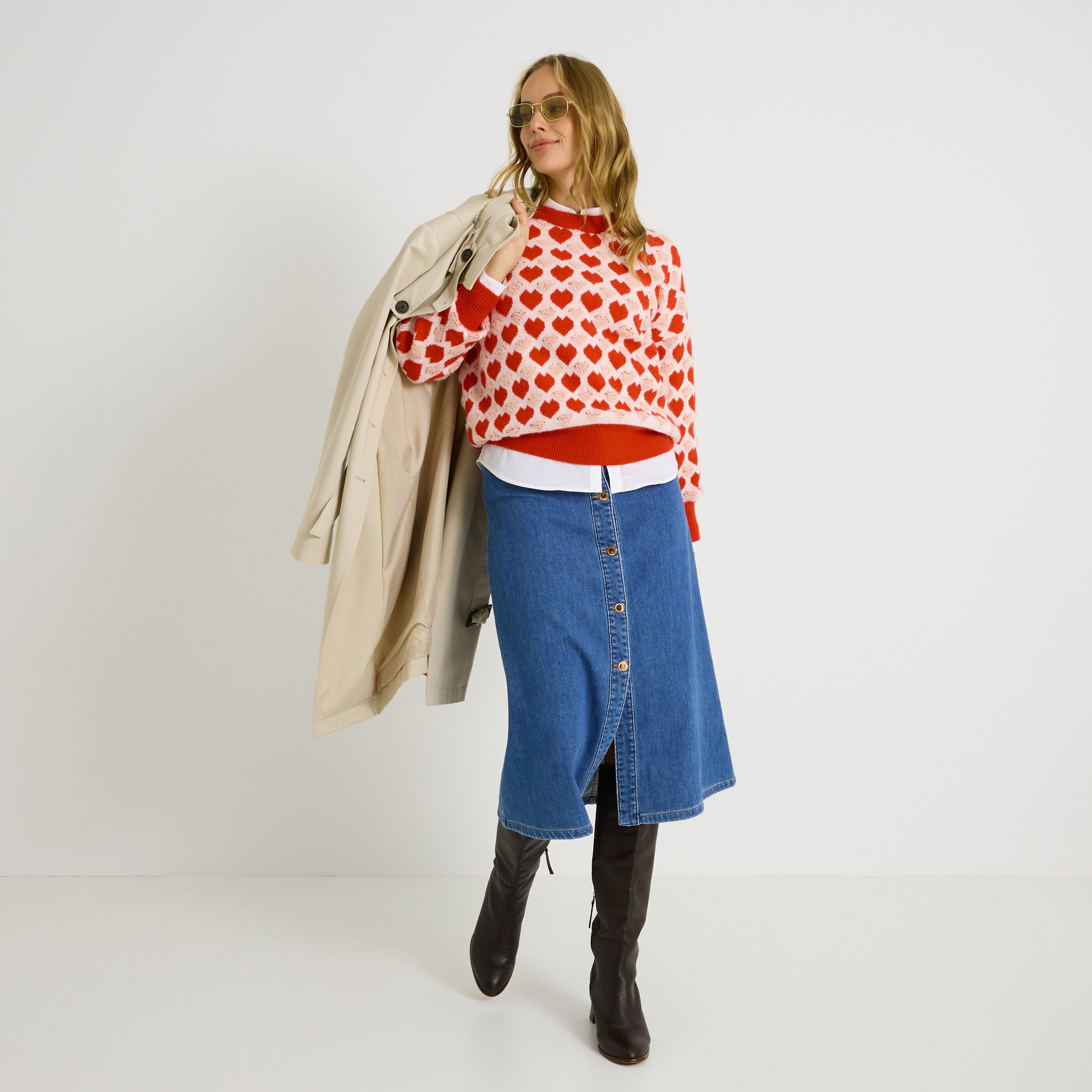 Pull col rond imprim&eacute; c&oelig;ur femme