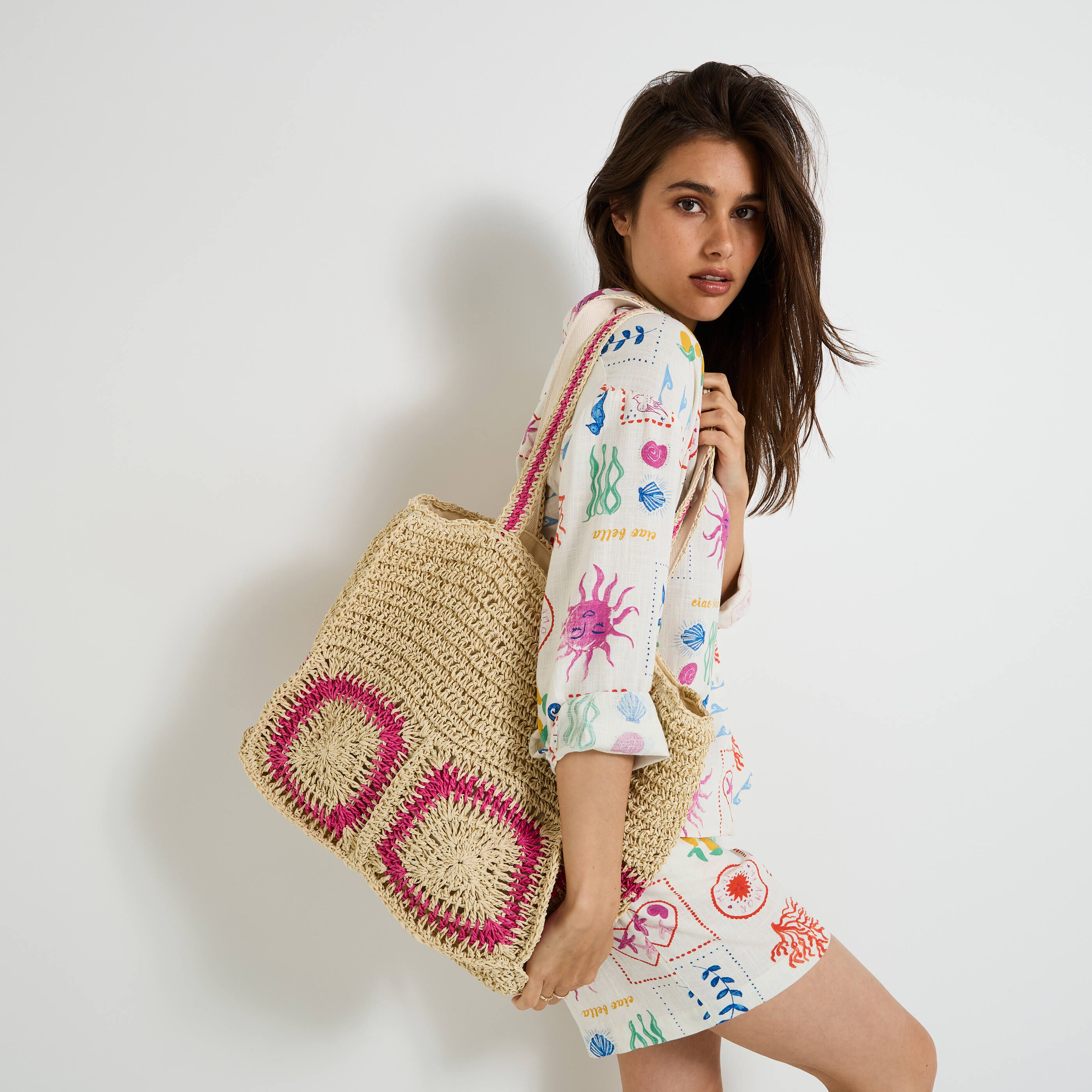 Sac panier en paille bicolore femme