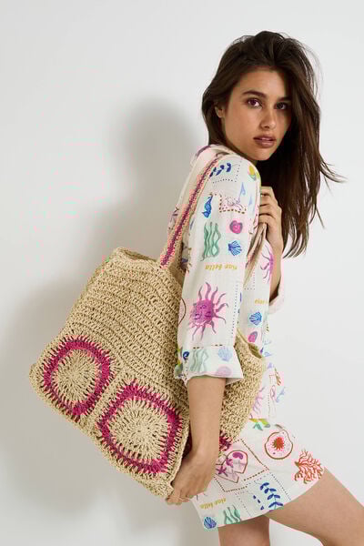 Sac panier en paille bicolore femme