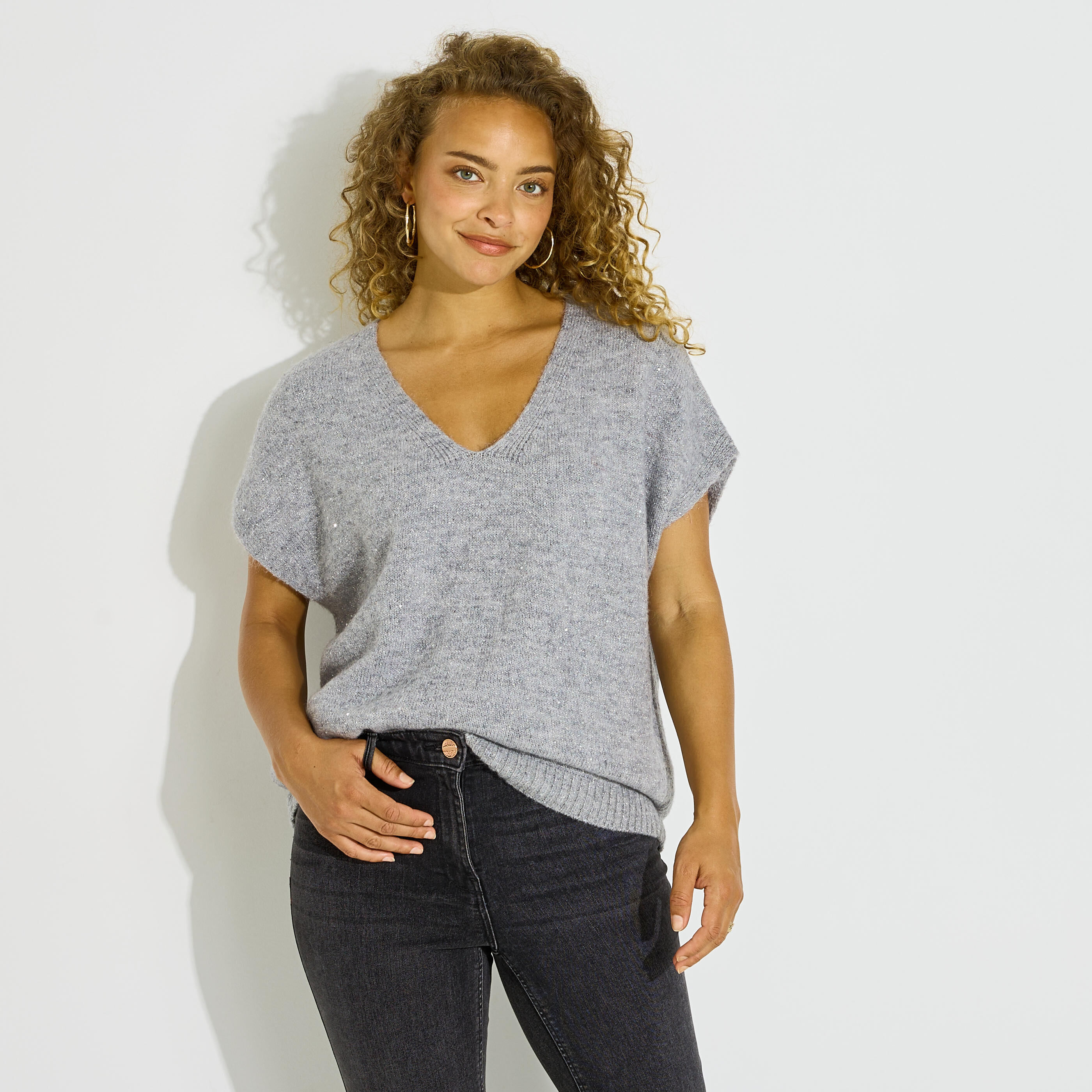Pull sans manches col V femme