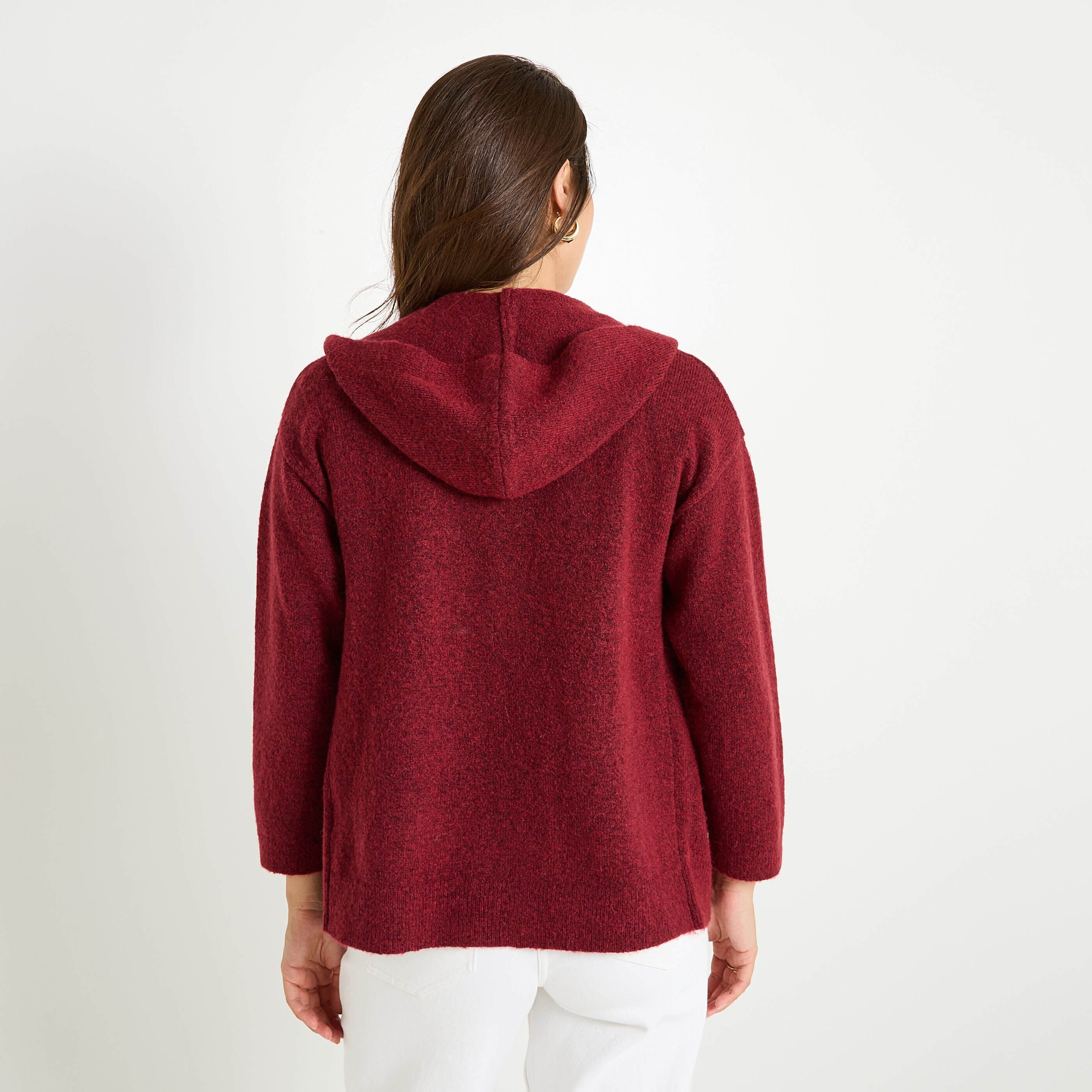 Gilet mi-long &agrave; capuche femme