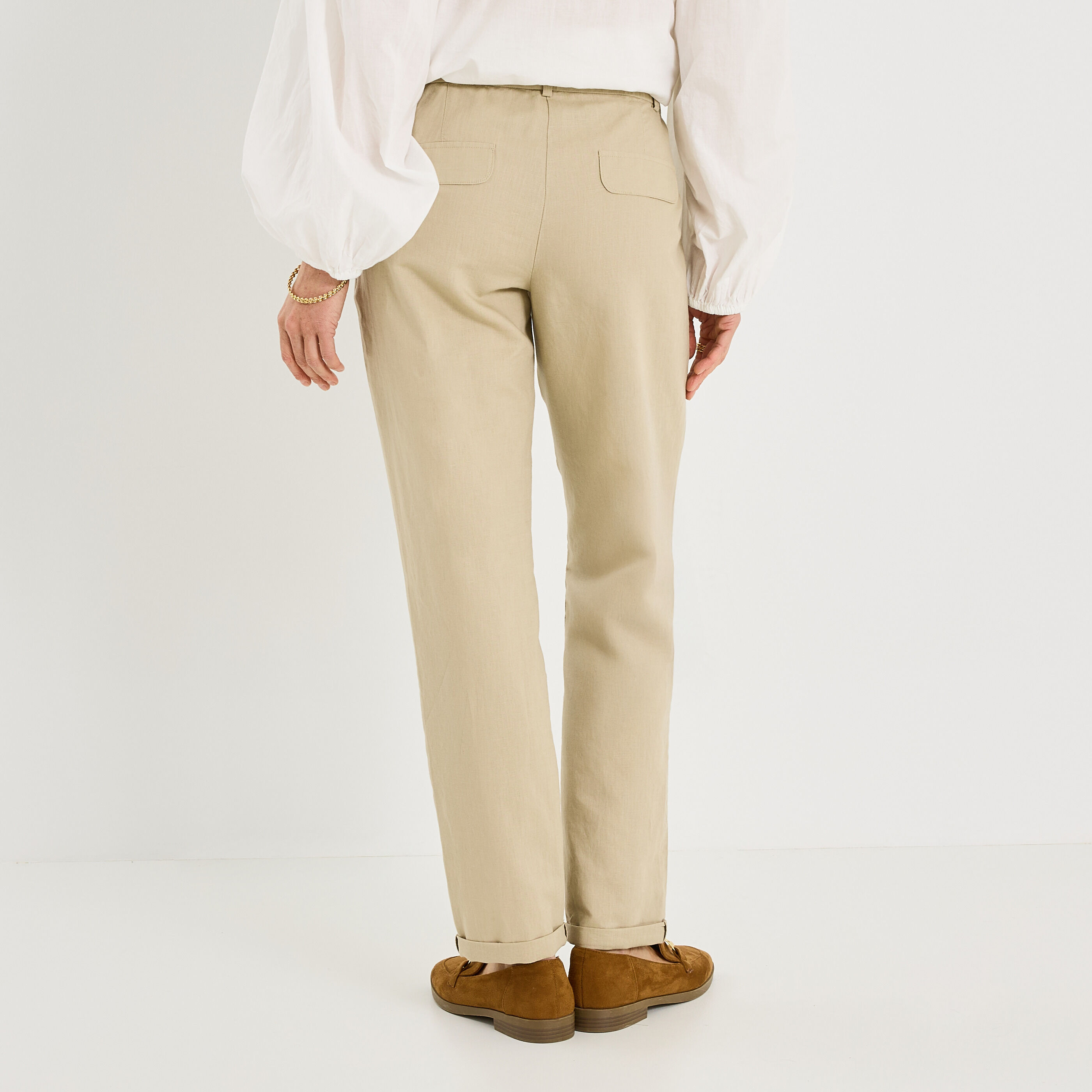 Pantalon &agrave; plis en lin m&eacute;lang&eacute; femme