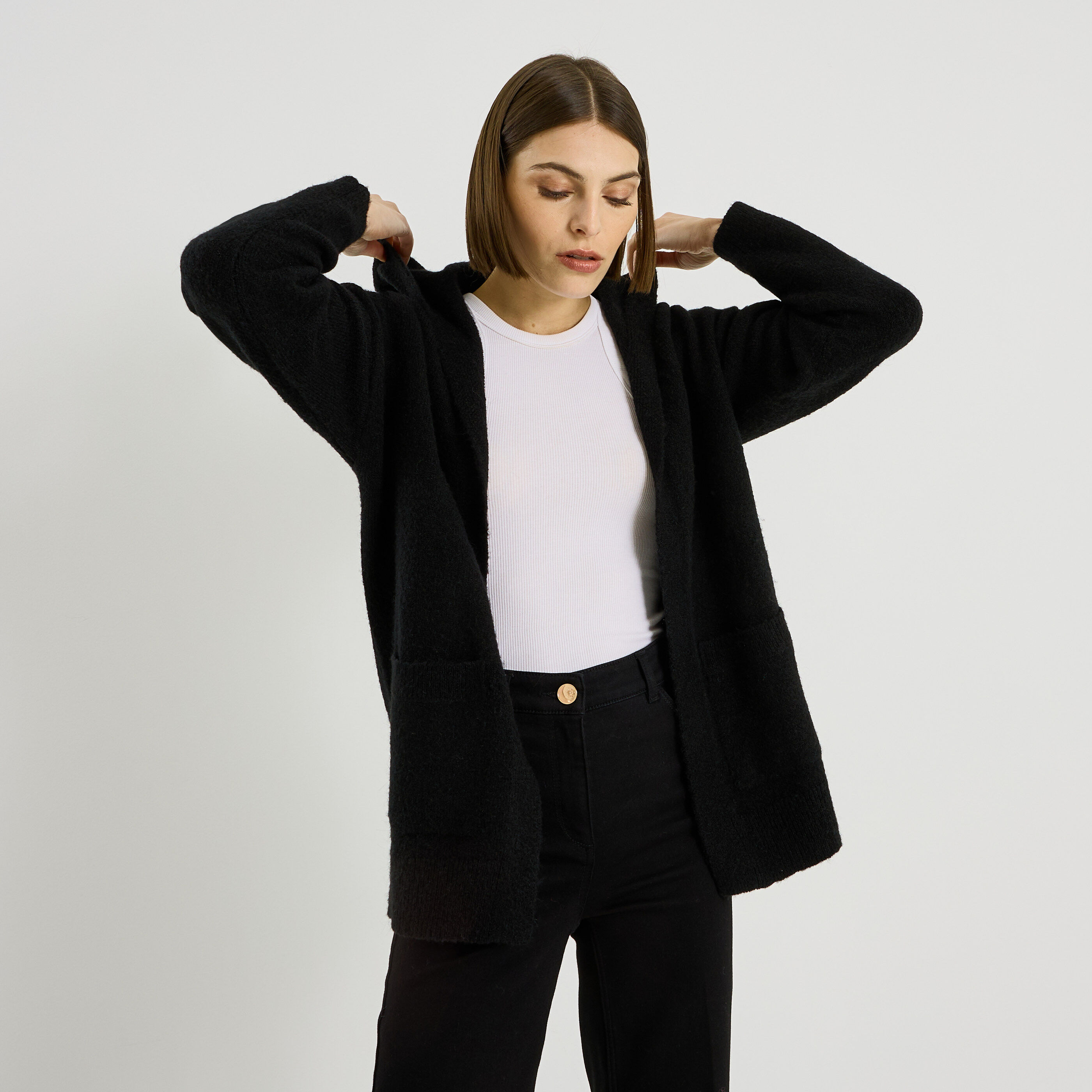 Gilet mi-long &agrave; capuche femme