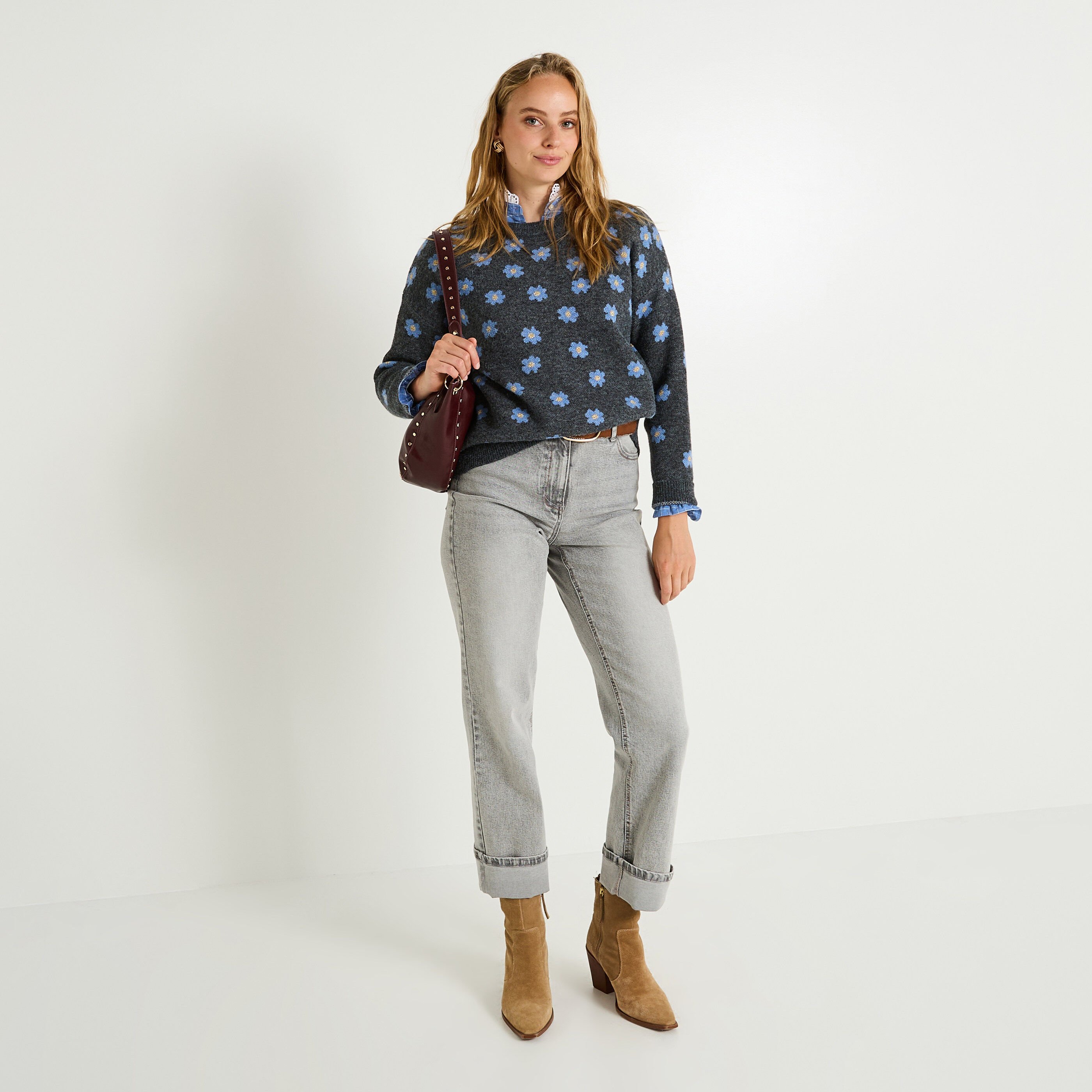 Pull jacquard imprim&eacute; fleuri femme