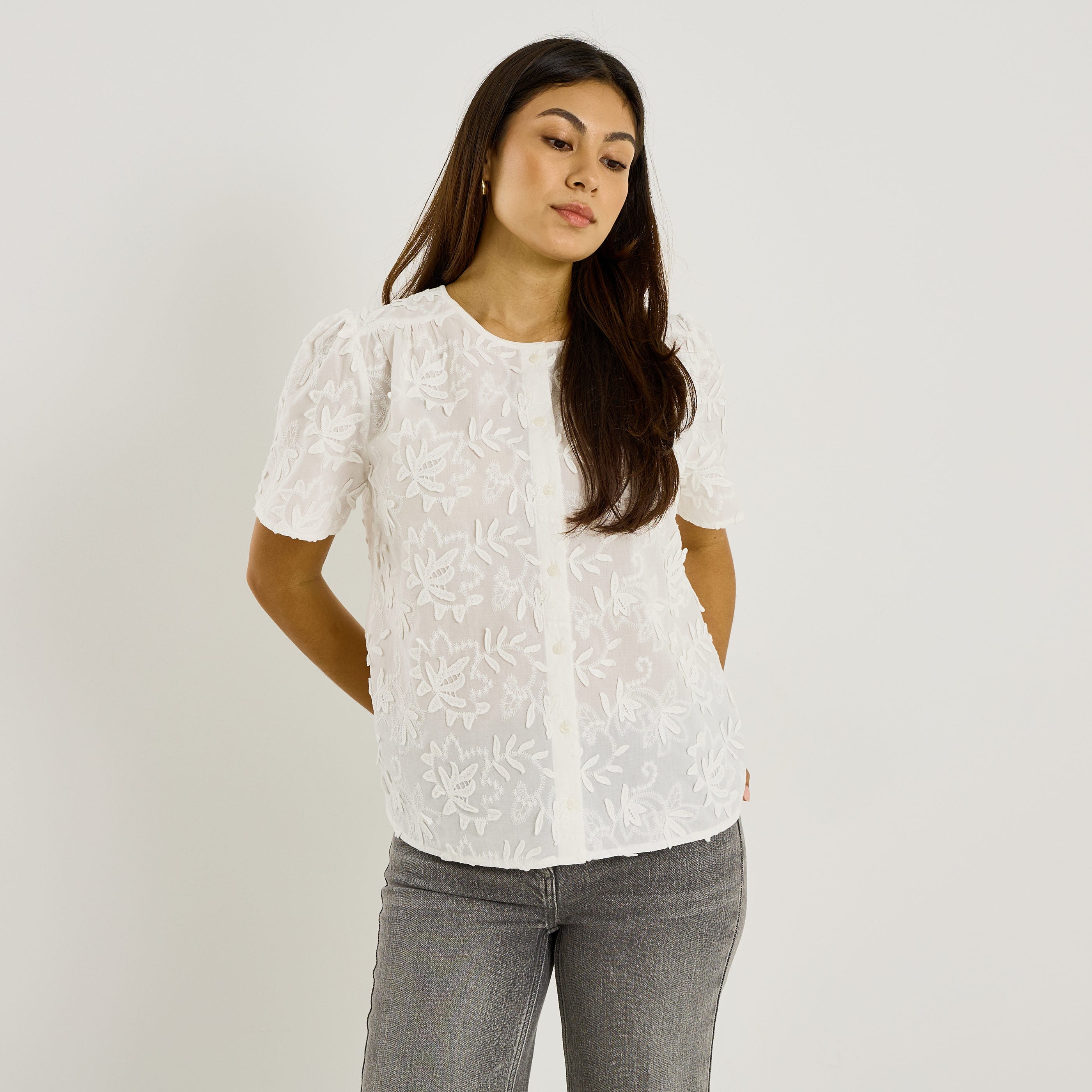 Chemise brod&eacute;e manches courtes femme
