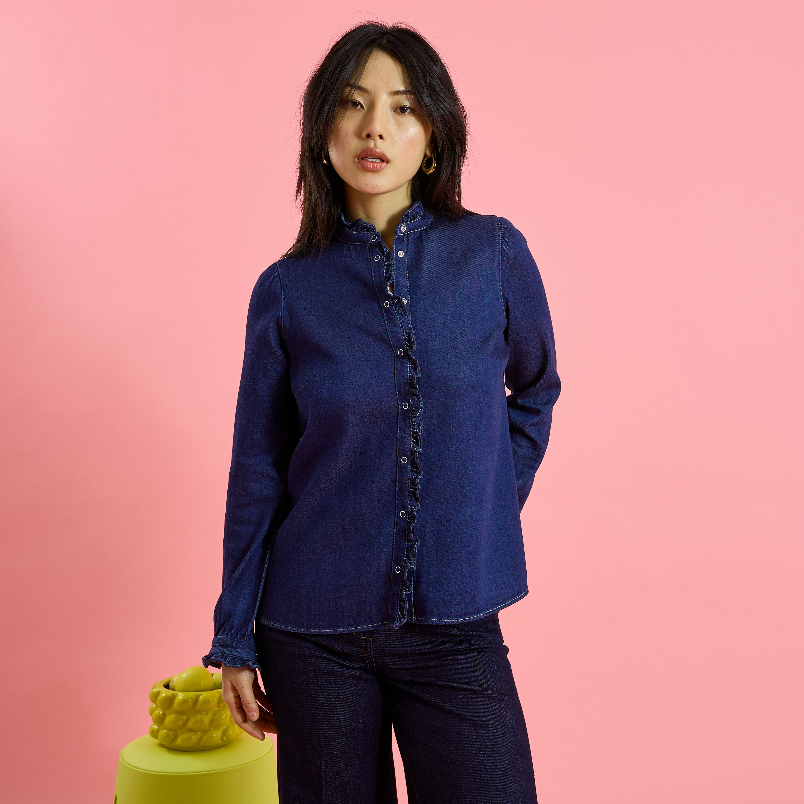 Chemise en denim &agrave; volants femme