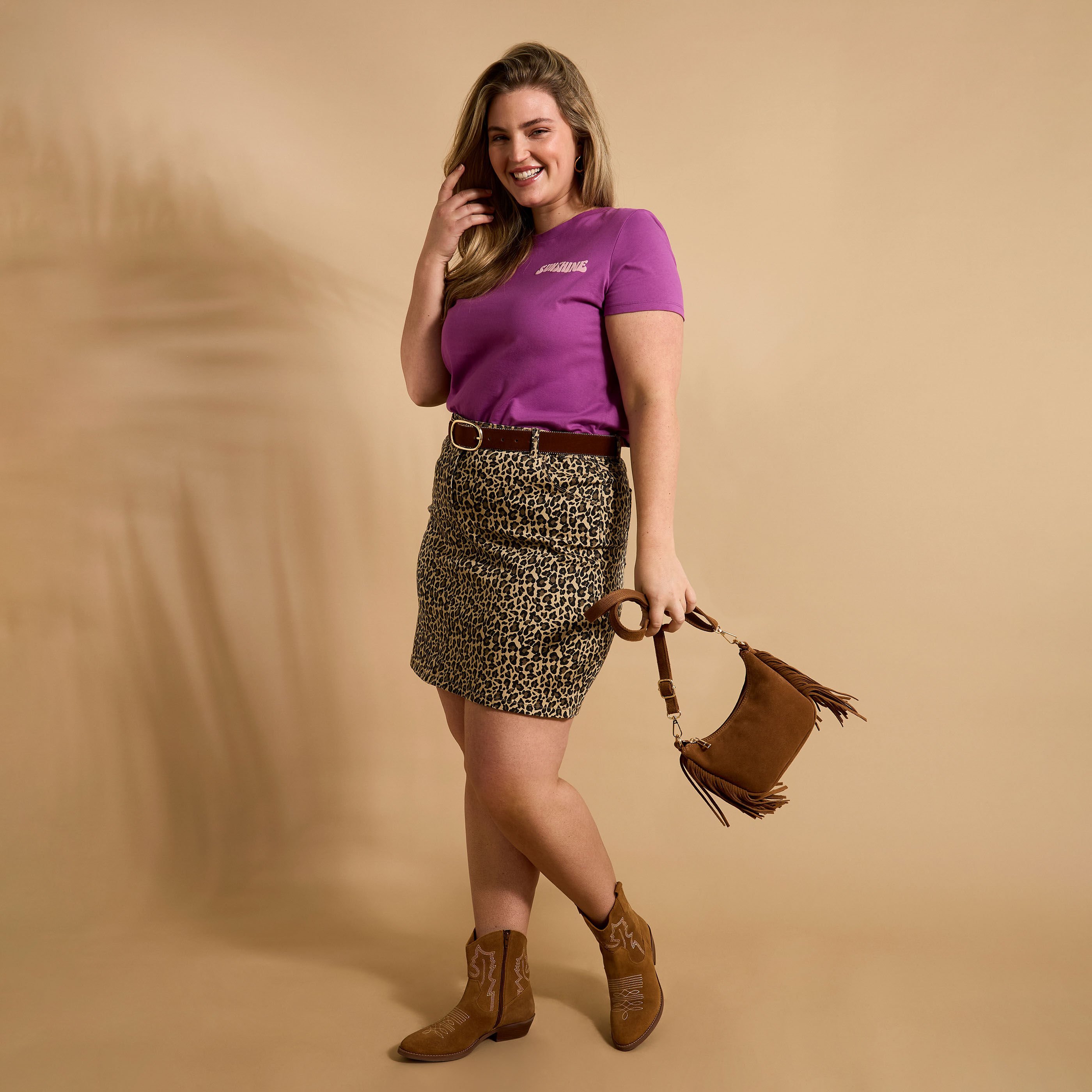 Jupe denim motif l&eacute;opard femme