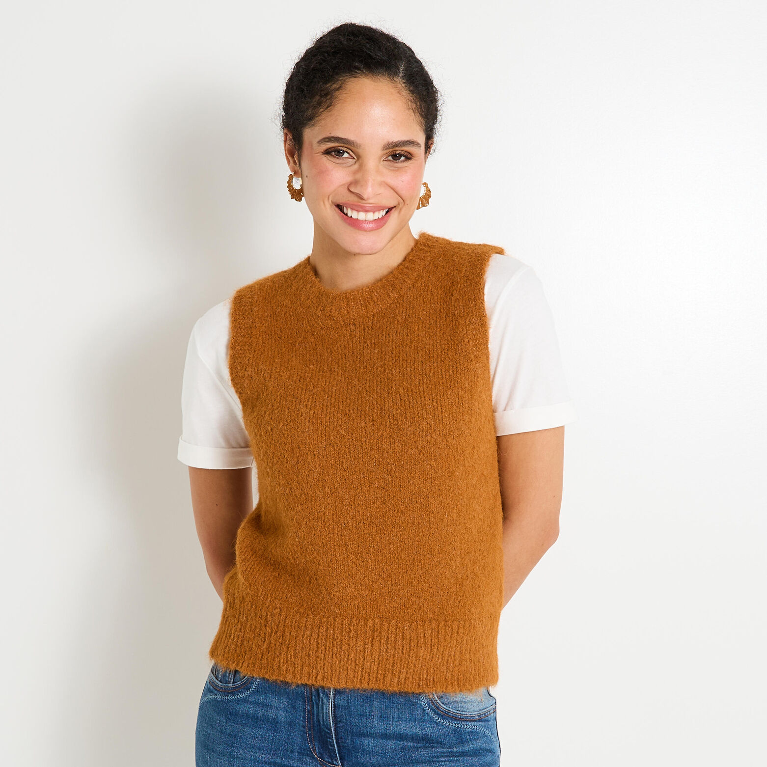 Pull col rond sans manches femme