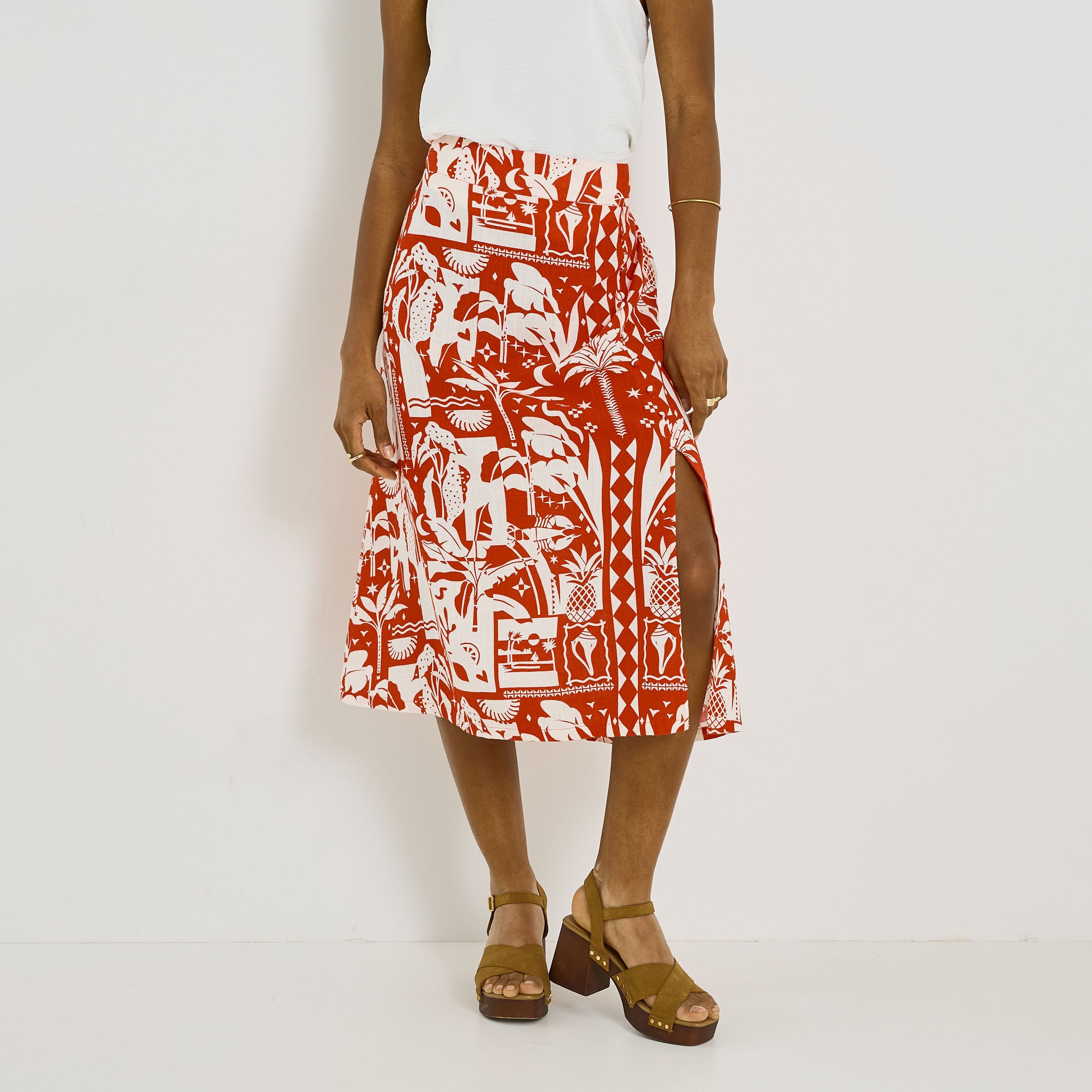 Jupe mi-longue imprim&eacute;e &agrave; fente