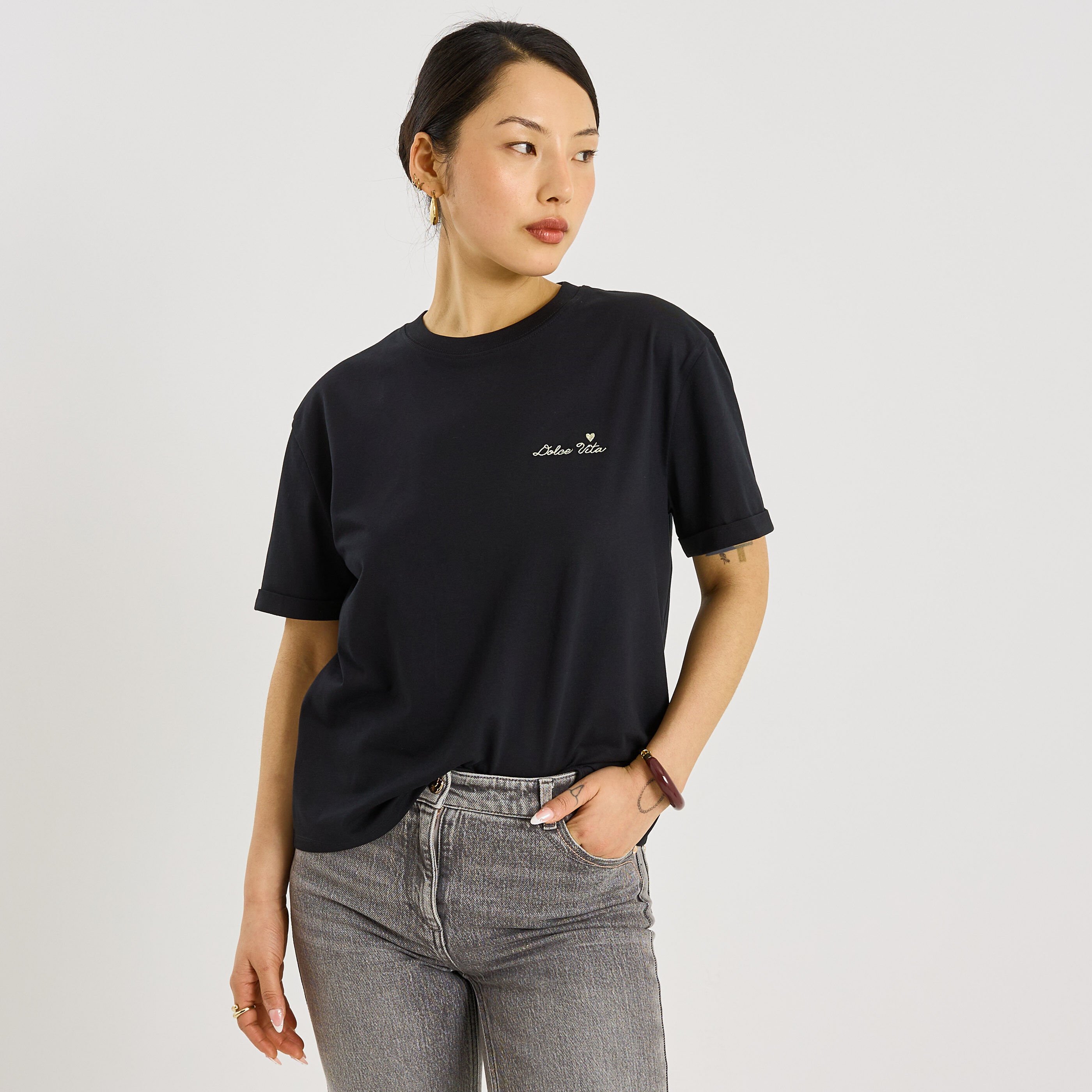 T-shirt col rond broderie femme