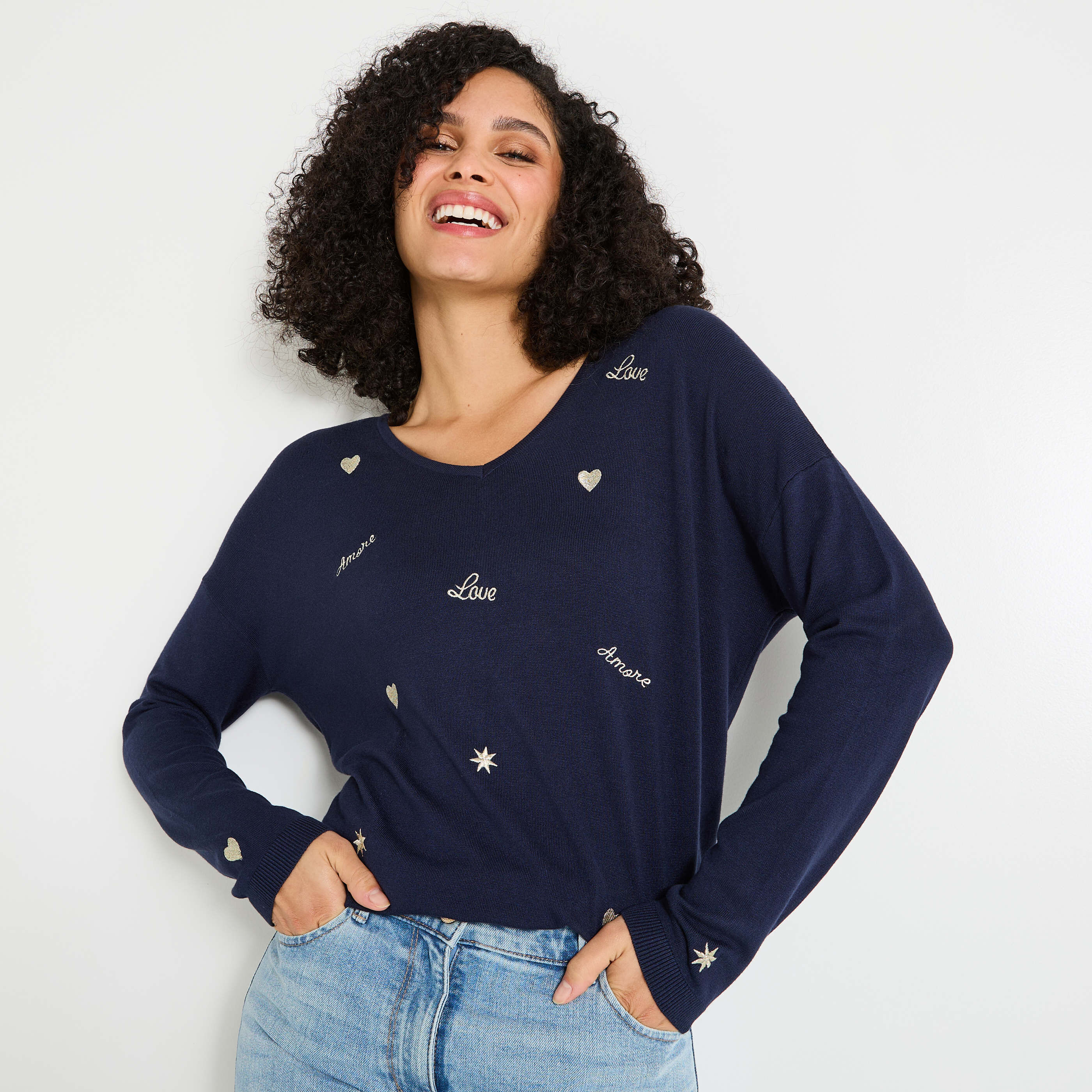 Pull col V manches longues femme