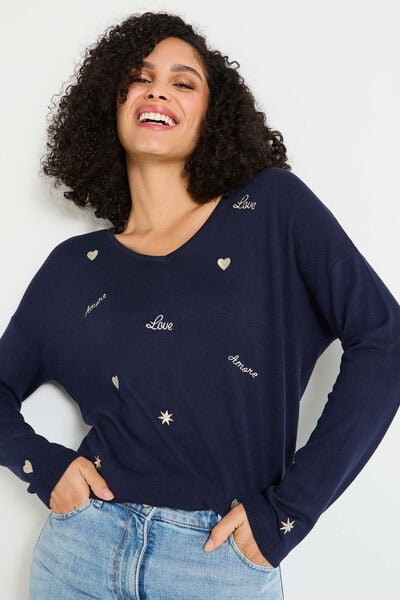Pull col V manches longues femme