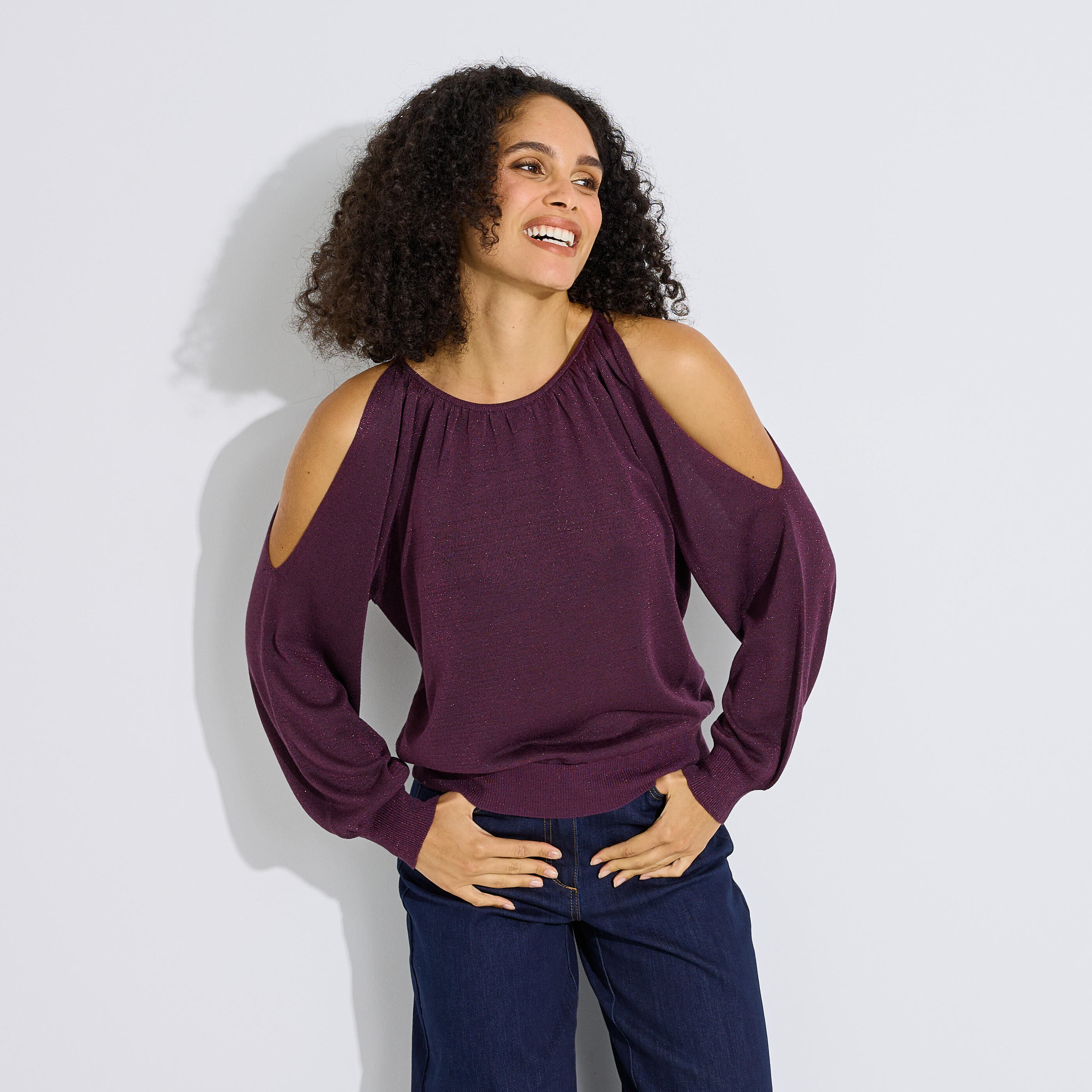 Pull paillet&eacute; &agrave; &eacute;paules d&eacute;nud&eacute;es femme