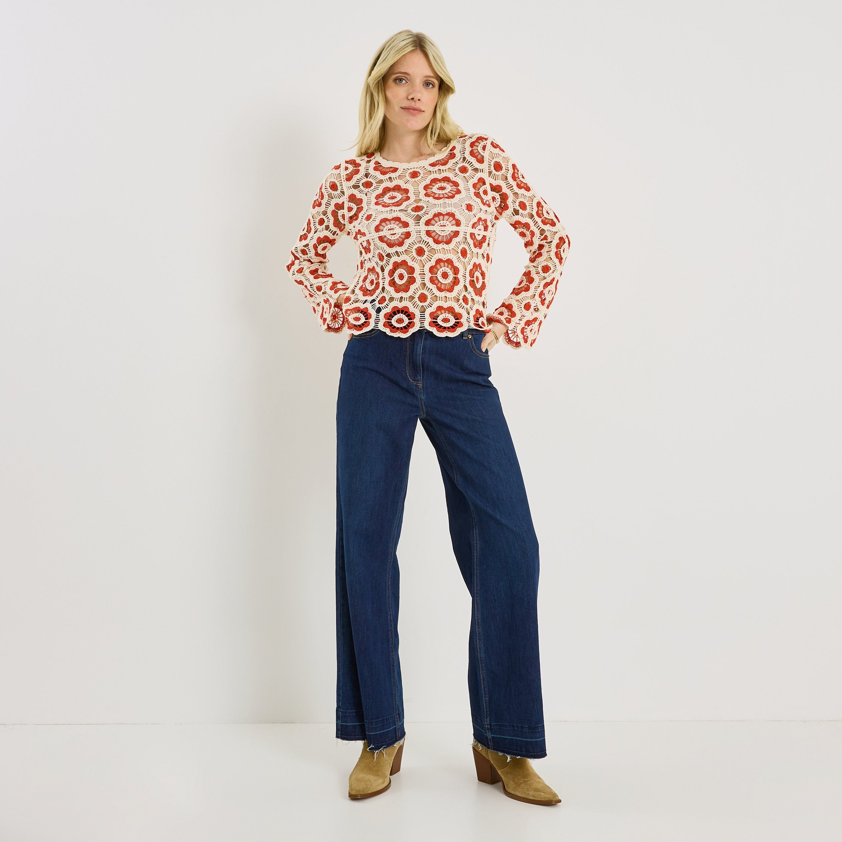 Pull en crochet bicolore femme