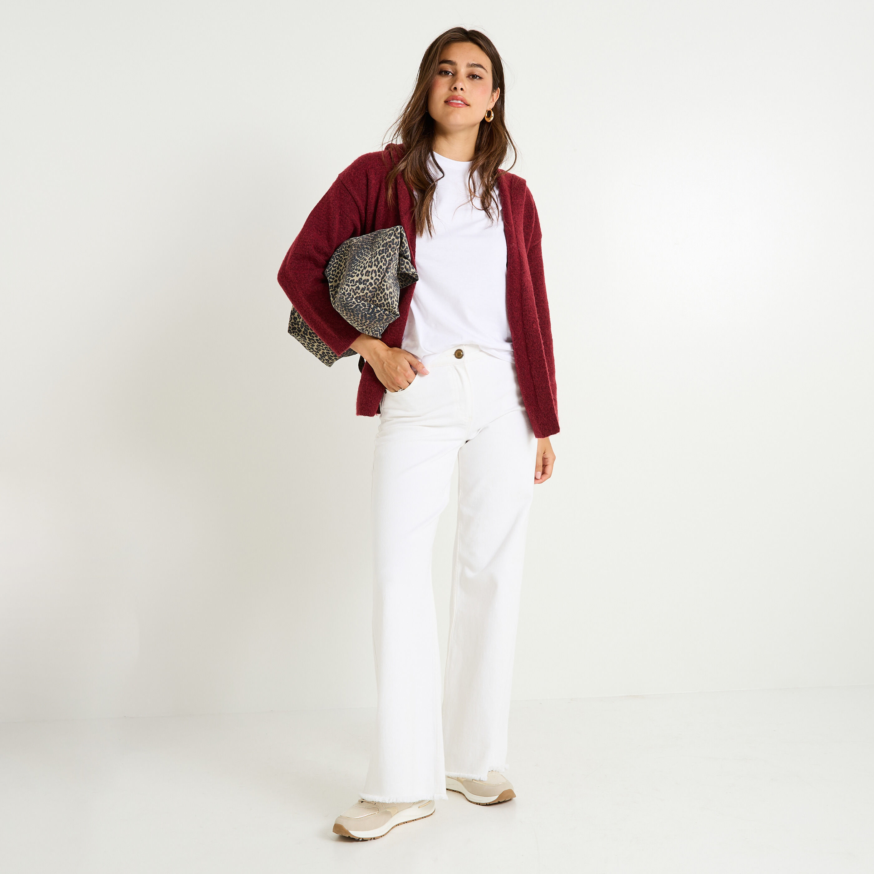 Gilet mi-long &agrave; capuche femme