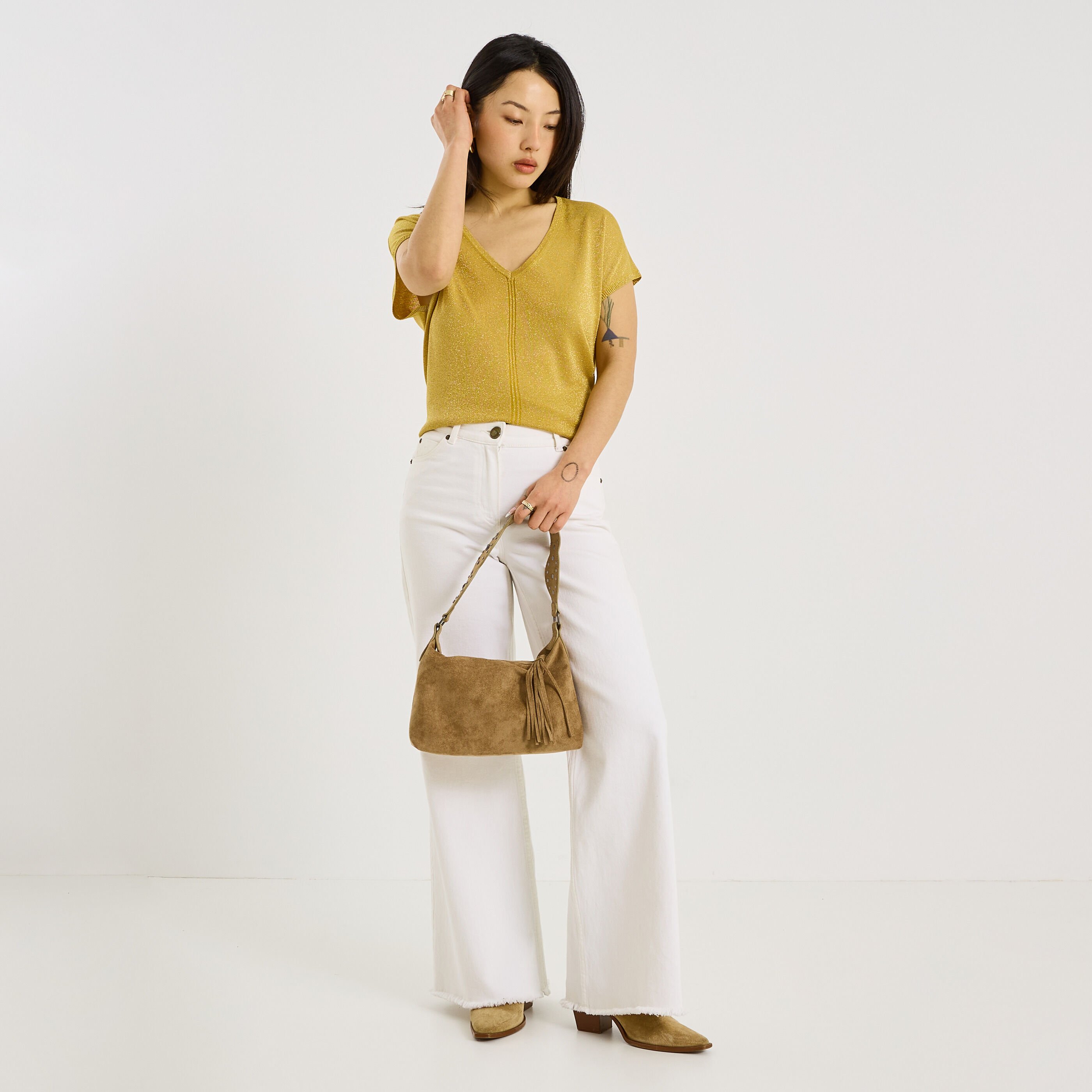 Pull brillant &agrave; manches courtes femme