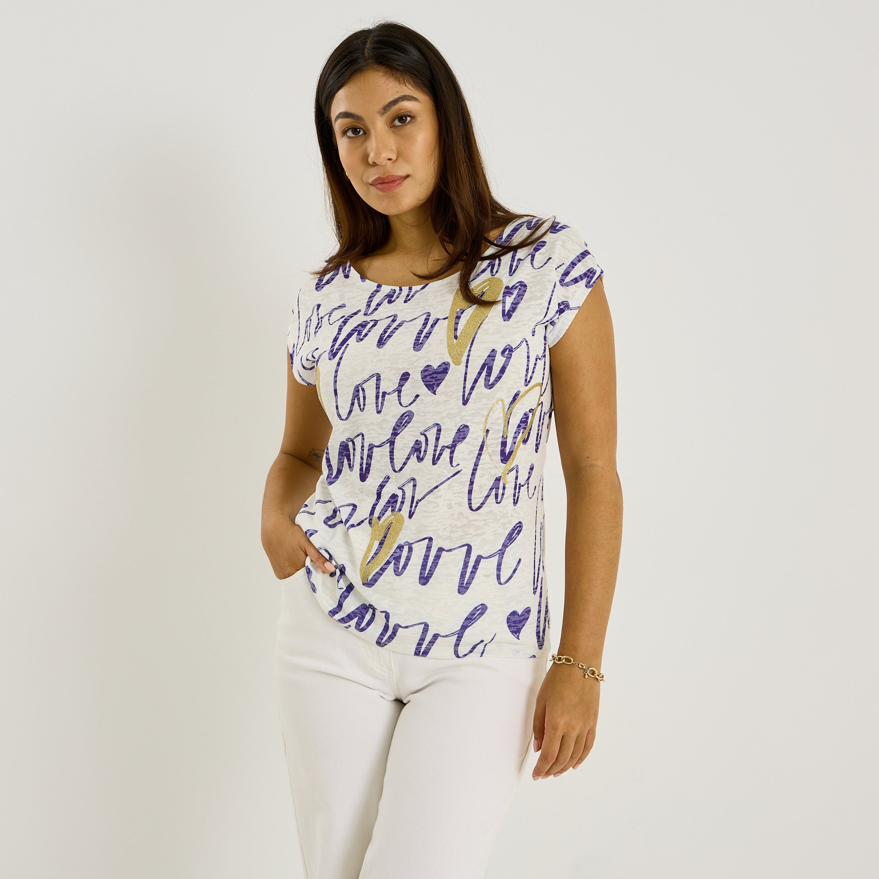 T-shirt col rond imprim&eacute; c&oelig;ur femme