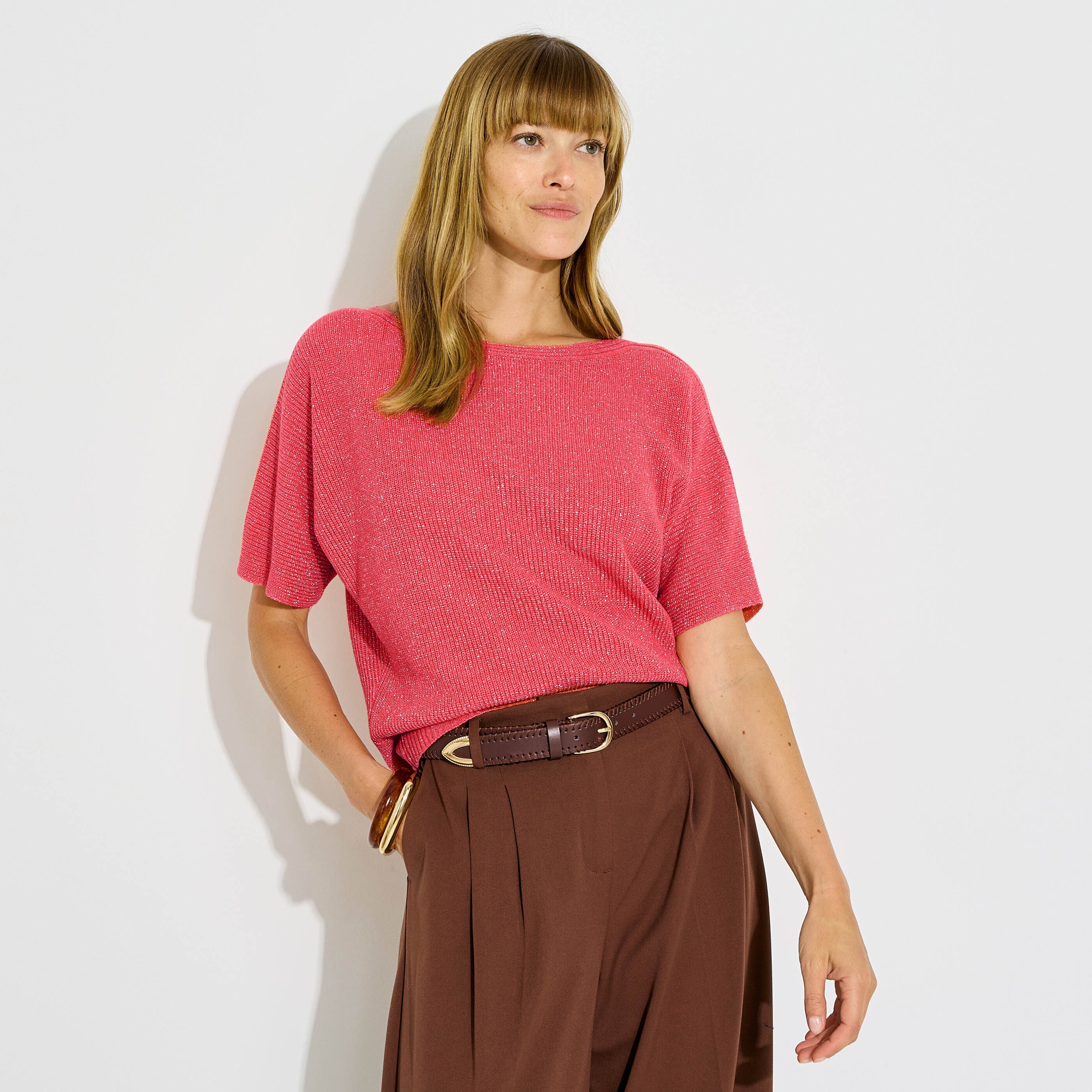 Pull brillant manches courtes femme