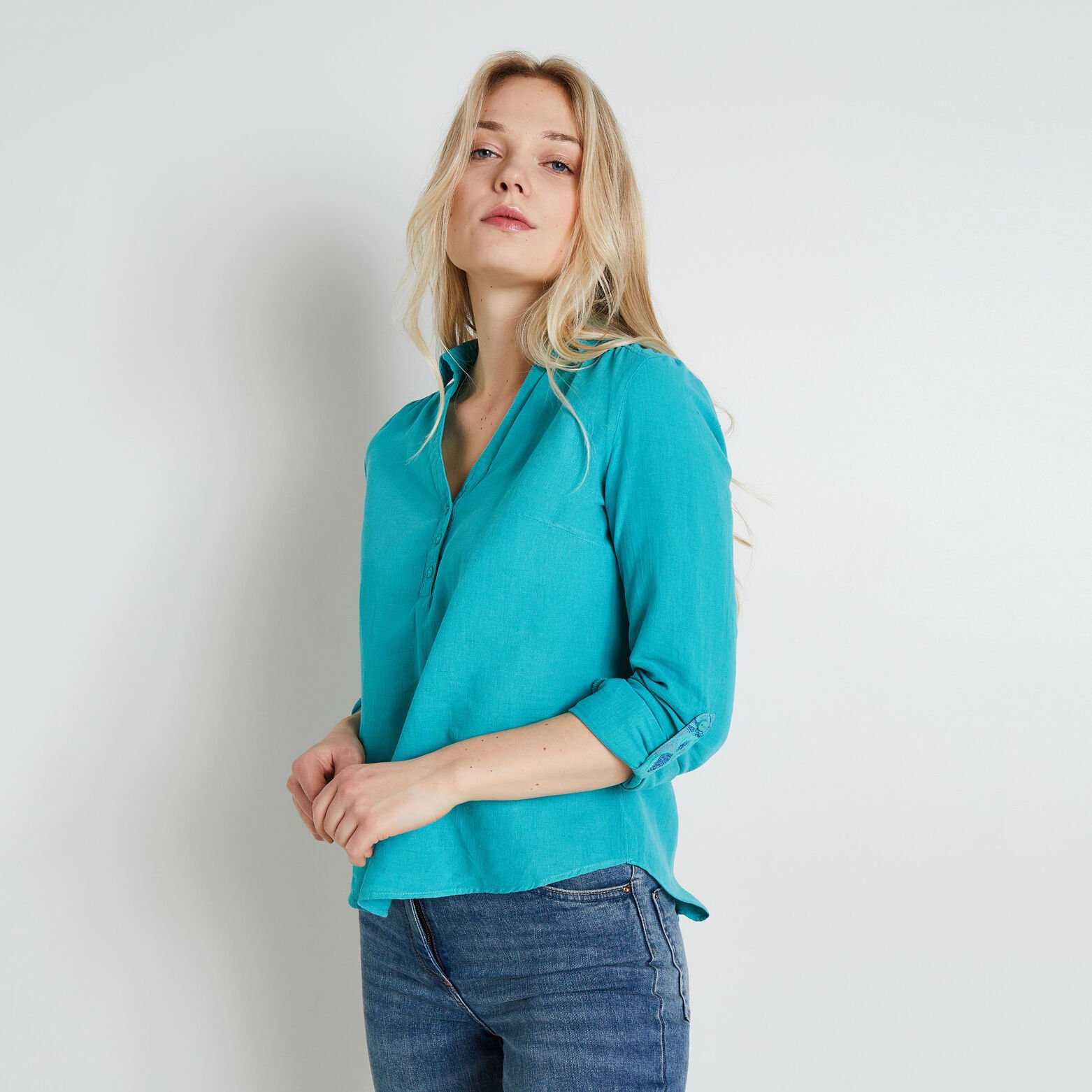 Blouse en coton et lin femme TURQUOISE Graindemalice