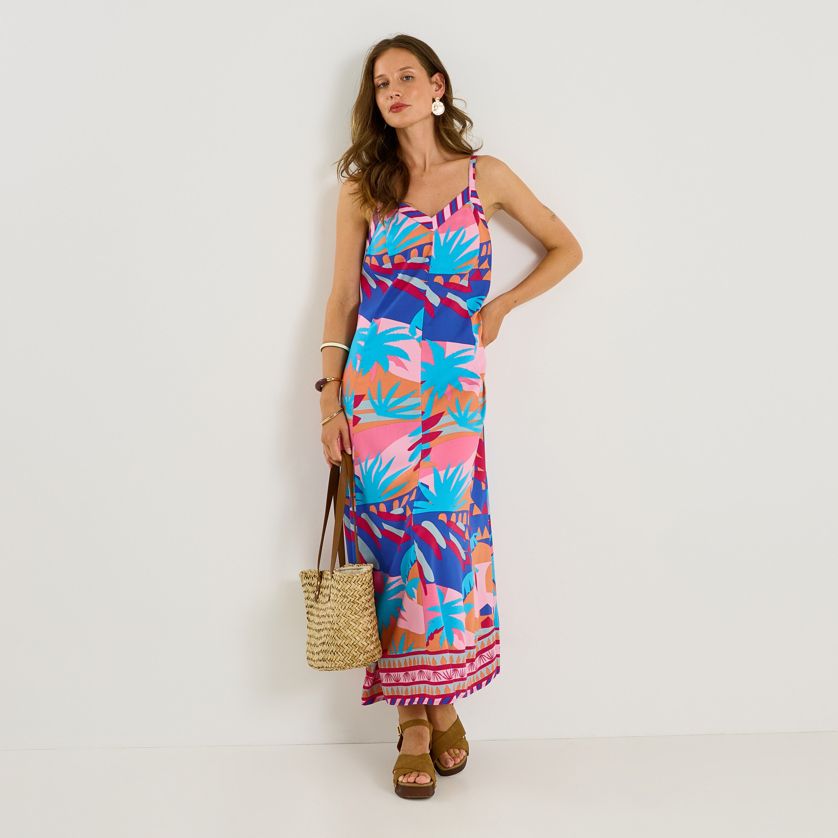 Robe longue imprim&eacute;e &agrave; bretelles