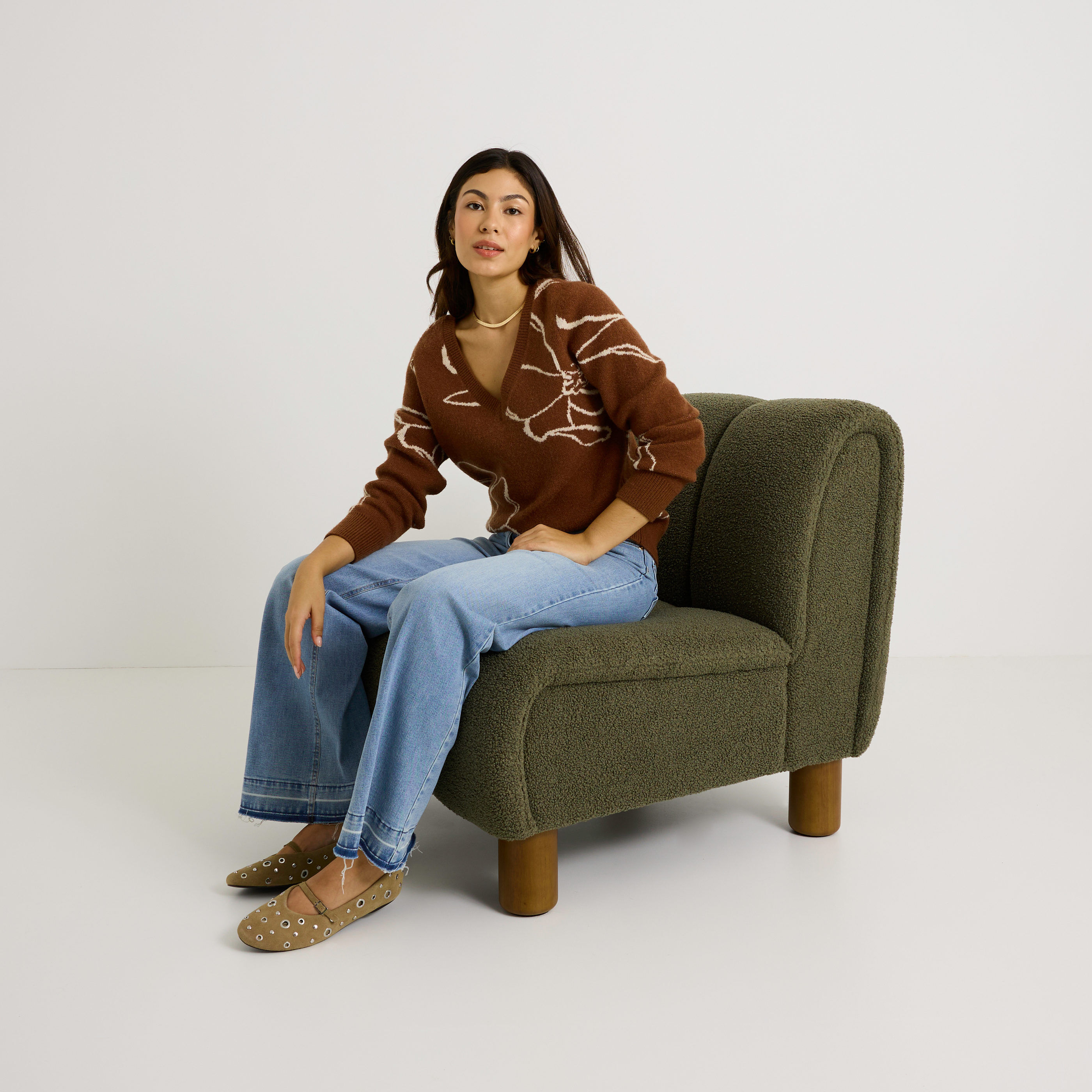 Pull col V en jacquard femme