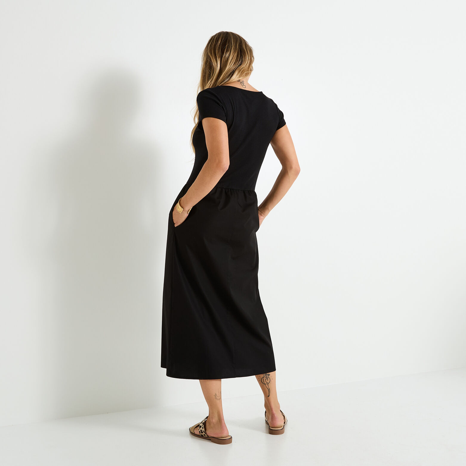 Robe évasée bi-matière à poches 